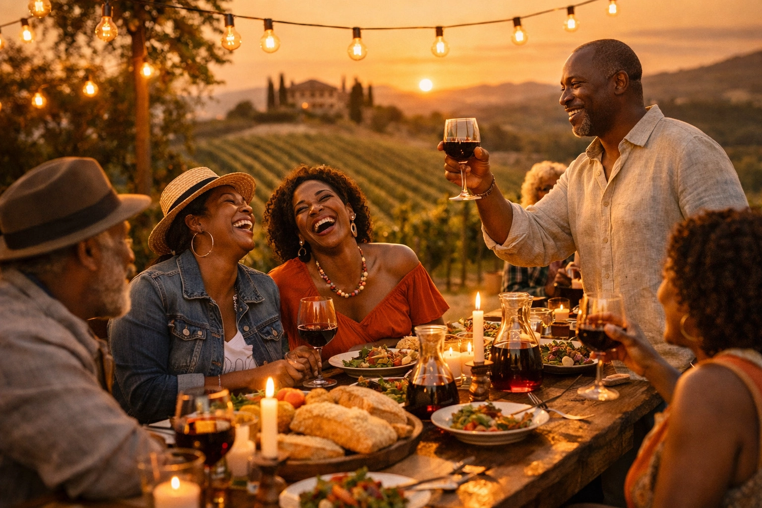 Culturally immersive group tours featuring stylish travelers dining at a private vineyard in Tuscany at sunset.