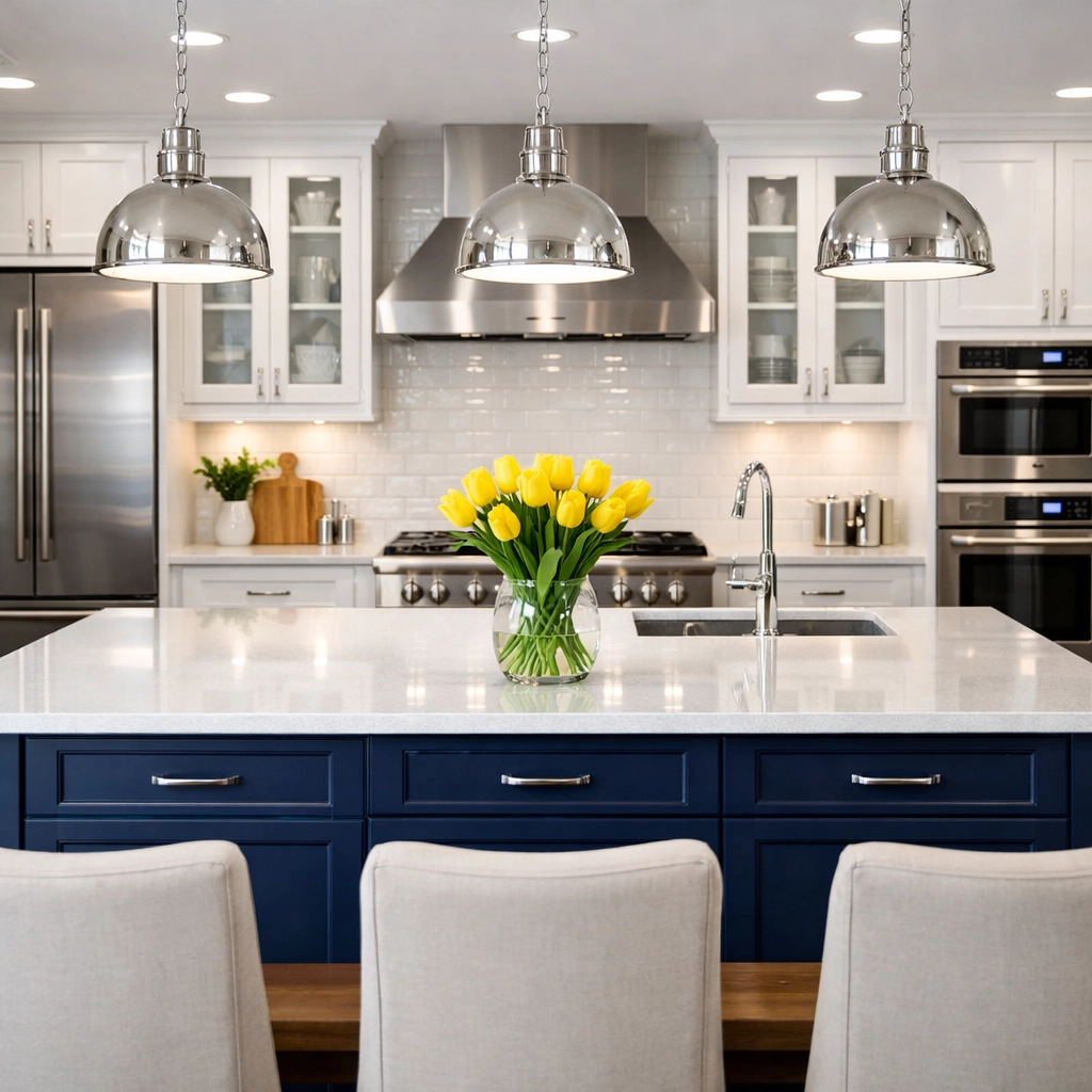 A spotless high-end kitchen with sparkling white countertops after a professional deep cleaning Franklin service.