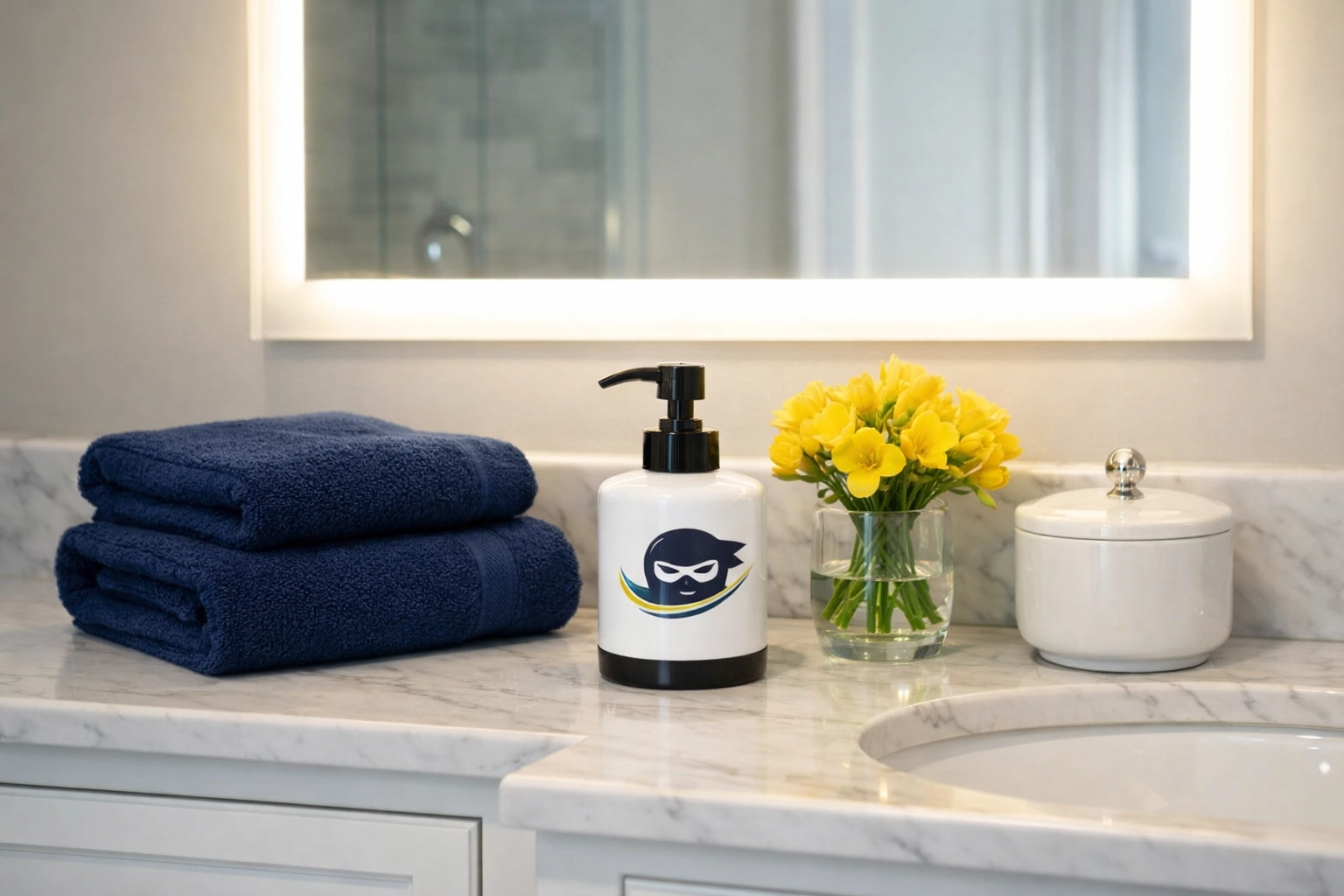 Sparkling luxury bathroom vanity with blue towels, showcasing the results of weekly house cleaning.