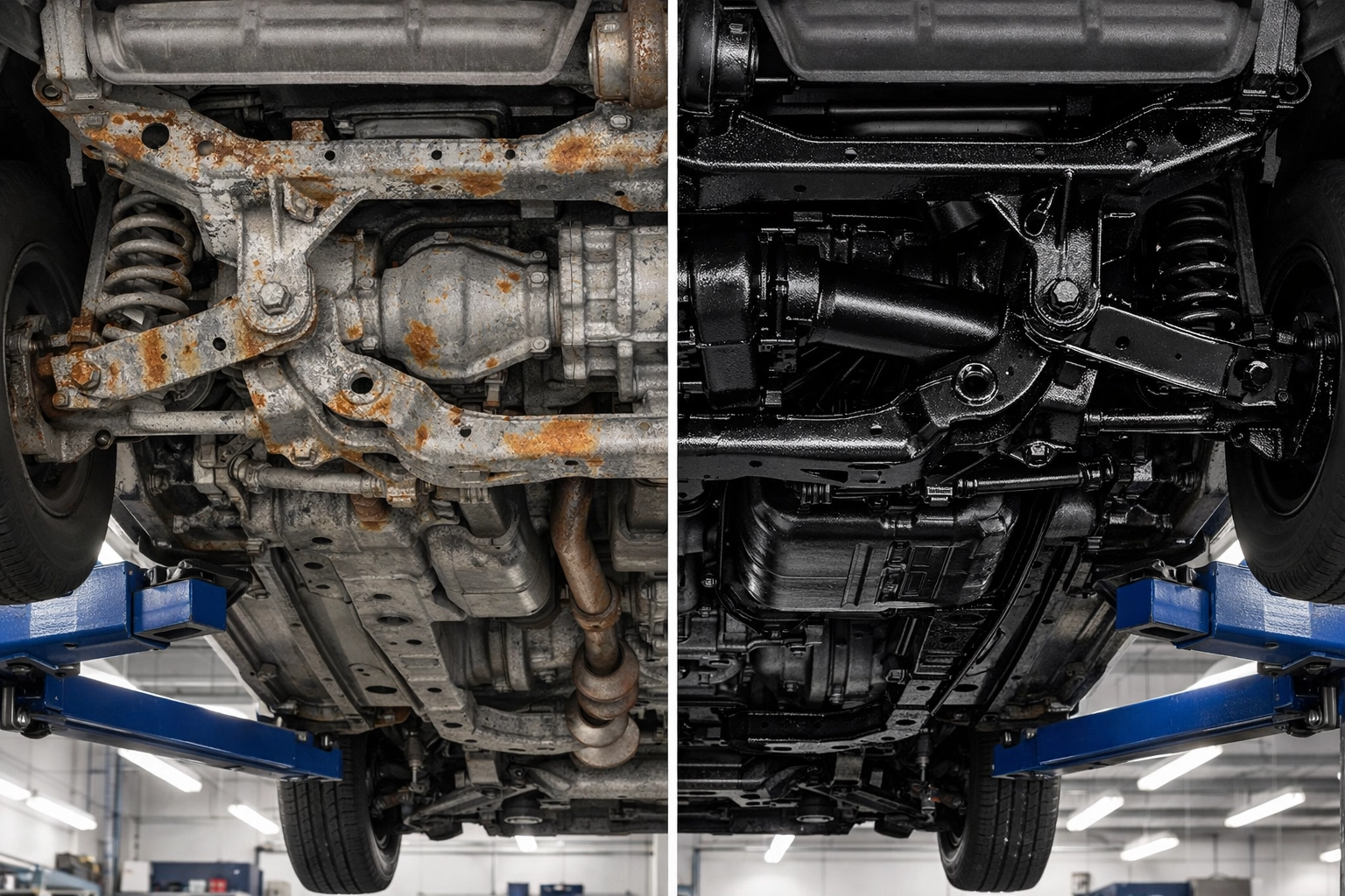 Comparison of surface rust on a car chassis versus professional Dinitrol rustproofing treatment.