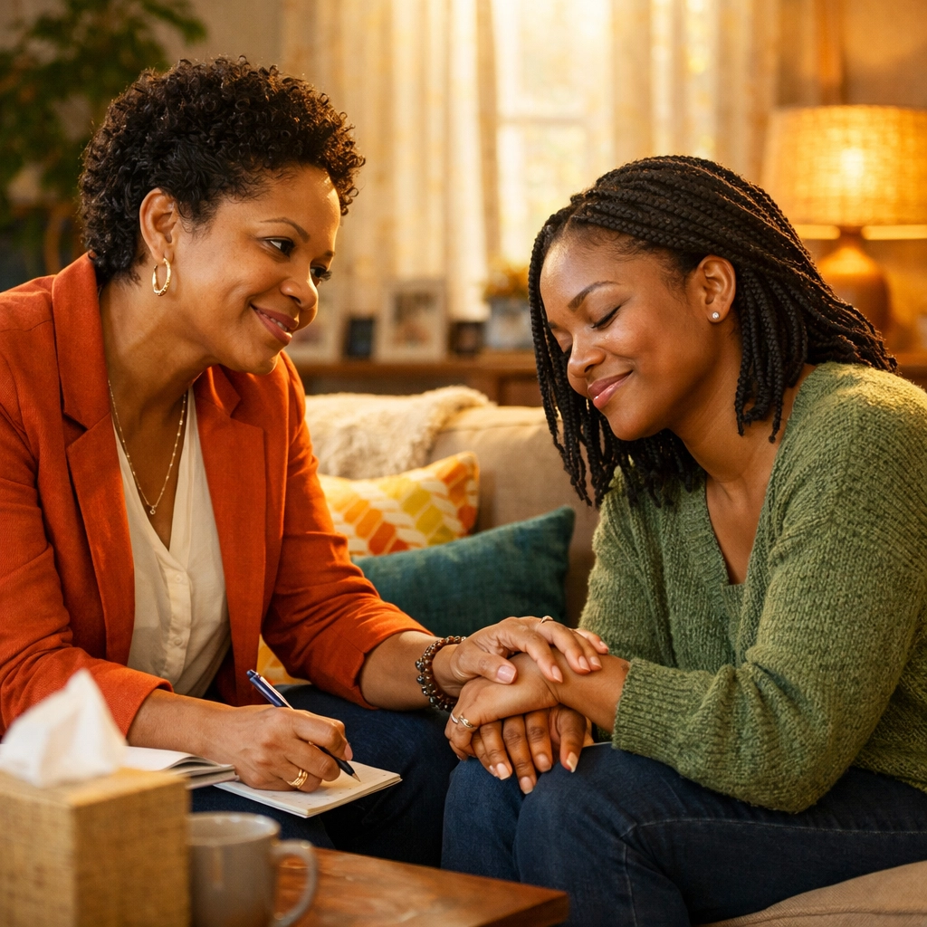 Professional crisis counseling in New Jersey helping a Black woman navigate family emergencies with support.