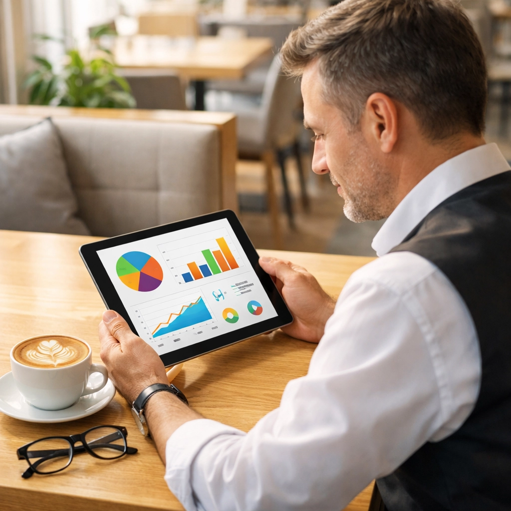 Restaurant manager reviewing sales data and inventory reports on a tablet POS system.