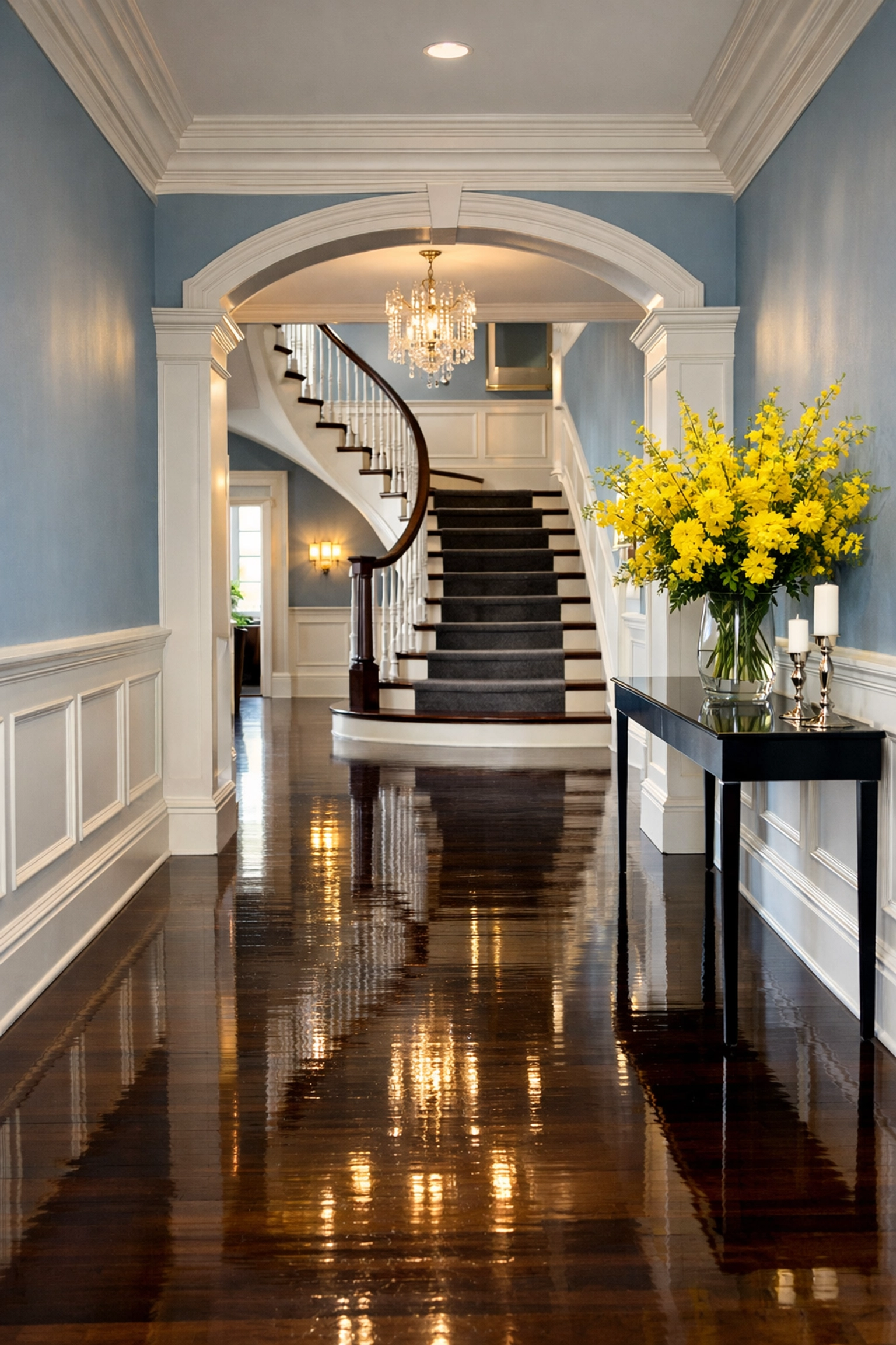 Polished grand foyer in Hingham estate after a premium luxury house cleaning Hingham MA visit.