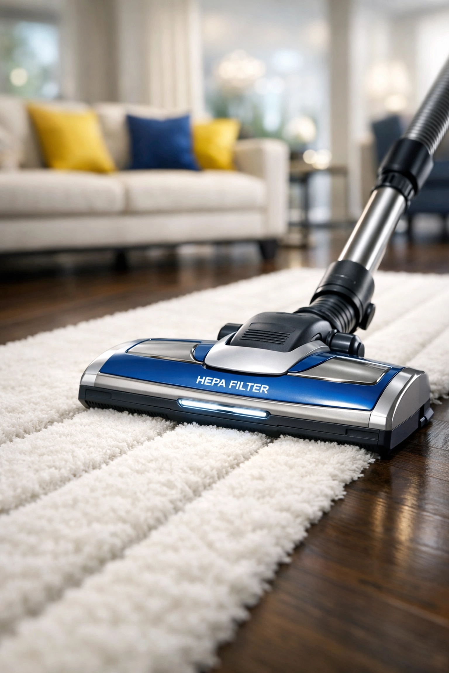 Professional vacuuming with HEPA filter leaving clean lines on a white rug in a Leominster home.