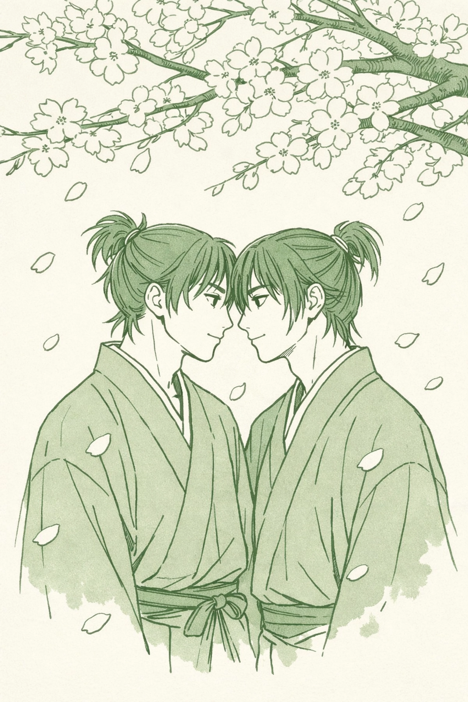 Two men in feudal Japan kimono share intimate moment under cherry blossoms - gay historical romance