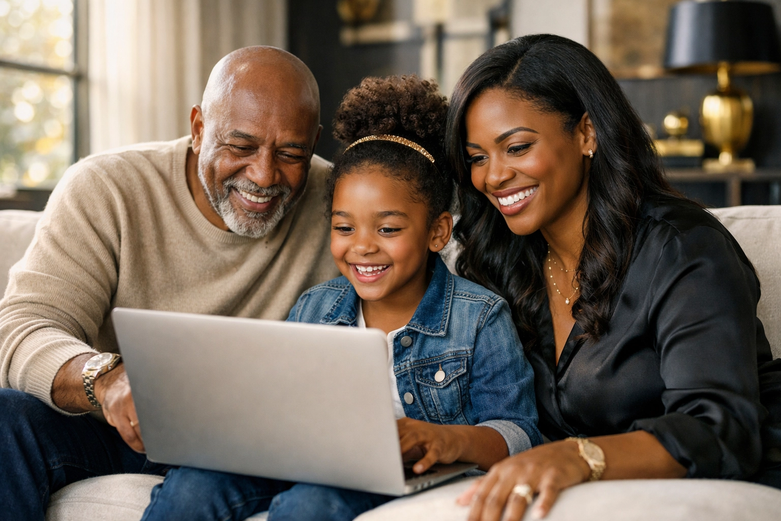 Three-generational Black family on a sofa looking at a laptop, building generational wealth and legacy.