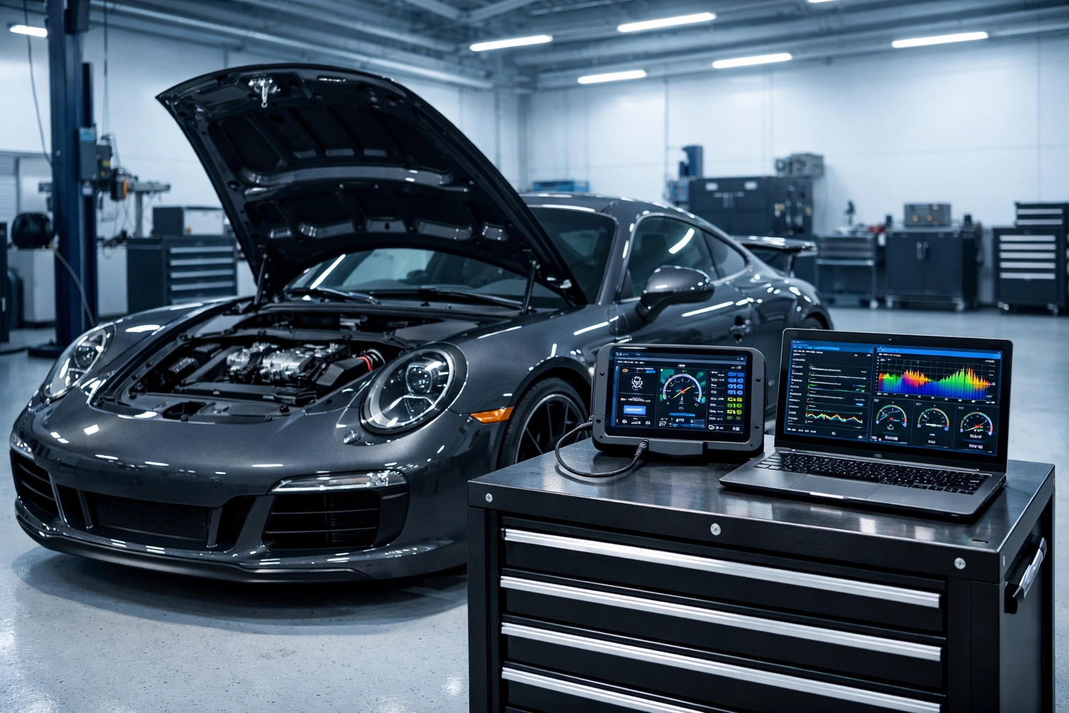Professional diagnostic equipment connected to a Porsche 911 for advanced European car service in Vernon.