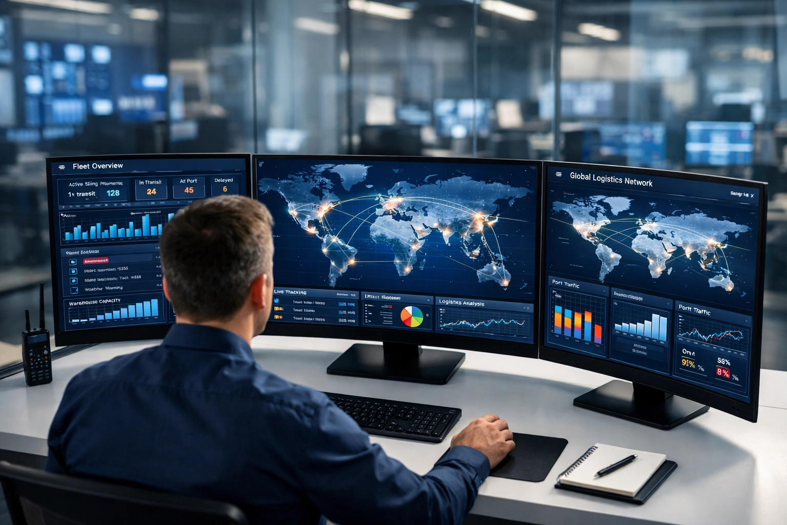 High-tech logistics command center featuring advanced data visualization and global shipping tracking software.