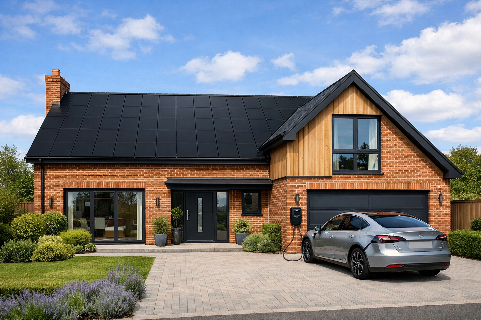 Modern UK detached home featuring an integrated solar panel system and electric vehicle charging point.