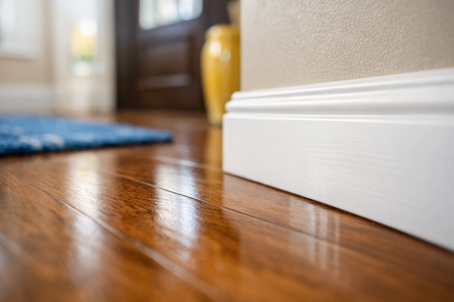 Detailed view of dust-free baseboards and floors following a comprehensive deep cleaning MA service.