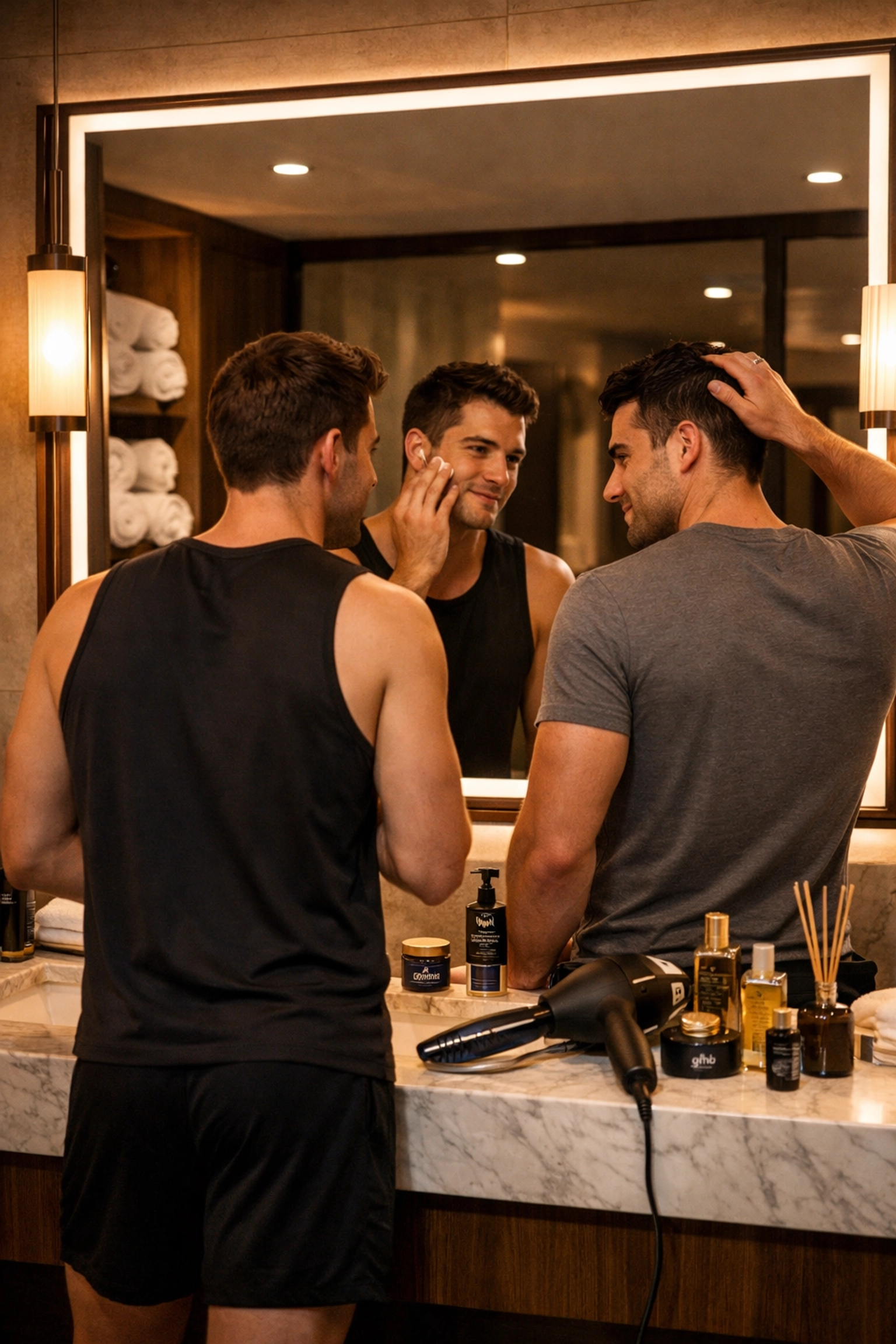 Gay men connecting through mirror reflection in luxury gym changing room