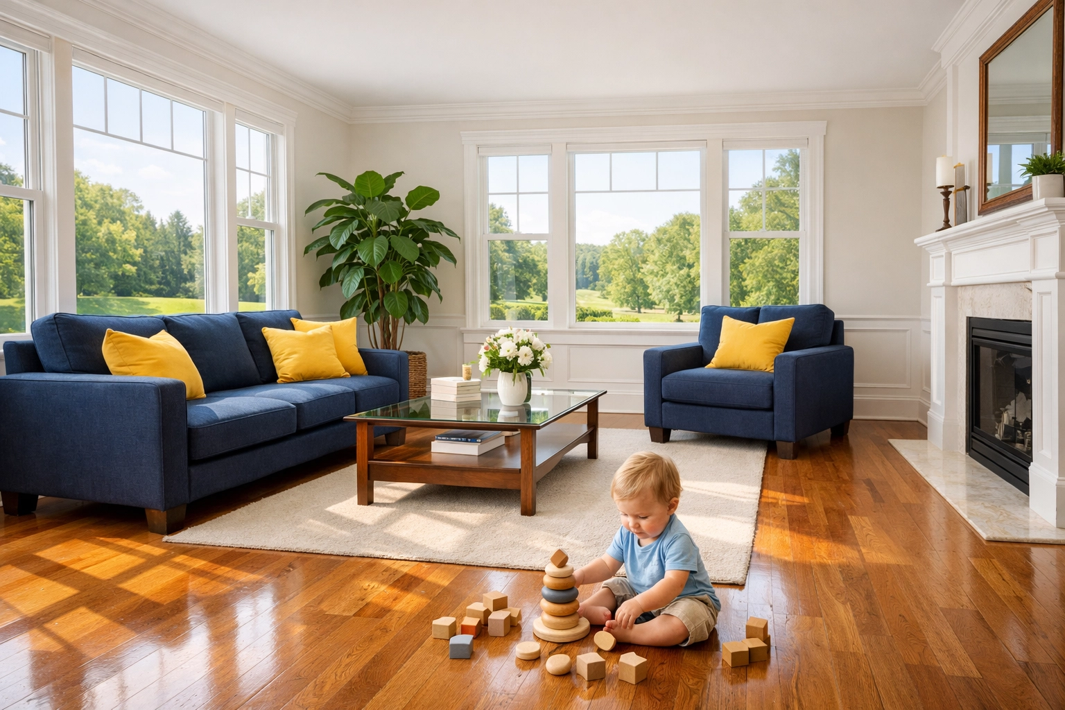 A child playing on clean hardwood floors in an Acton MA living room cleaned with eco-friendly solutions.
