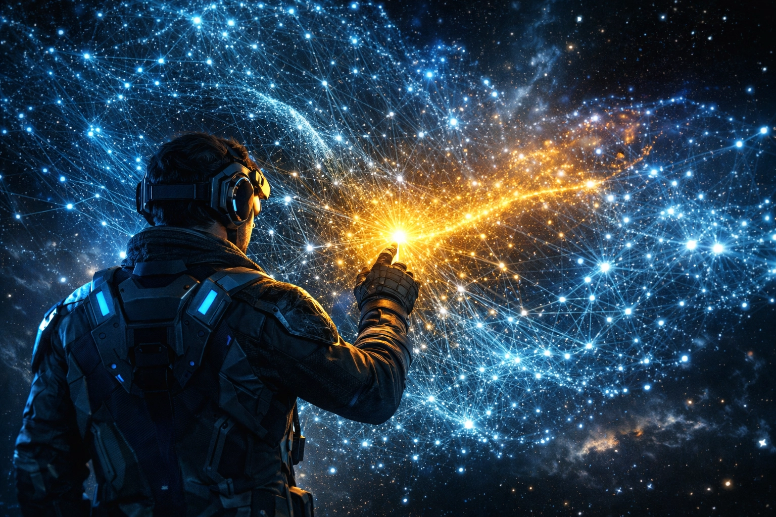 Futuristic navigator selecting a specific data node within a complex AI latent space network.