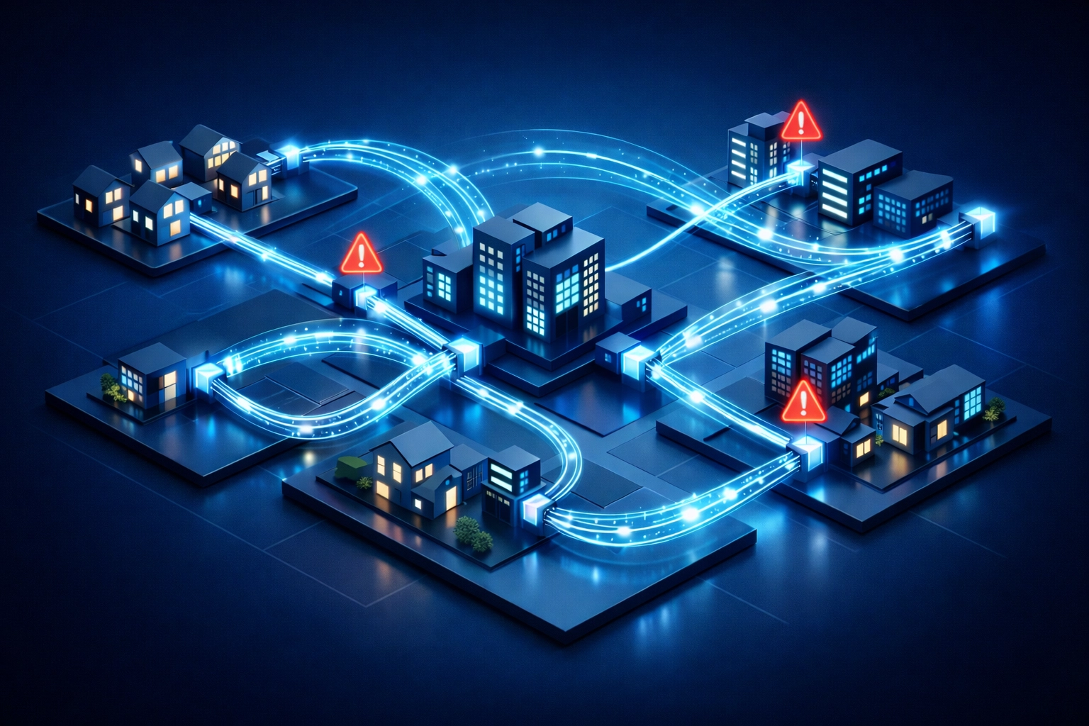 AI-monitored fiber optic network infrastructure showing real-time connectivity status