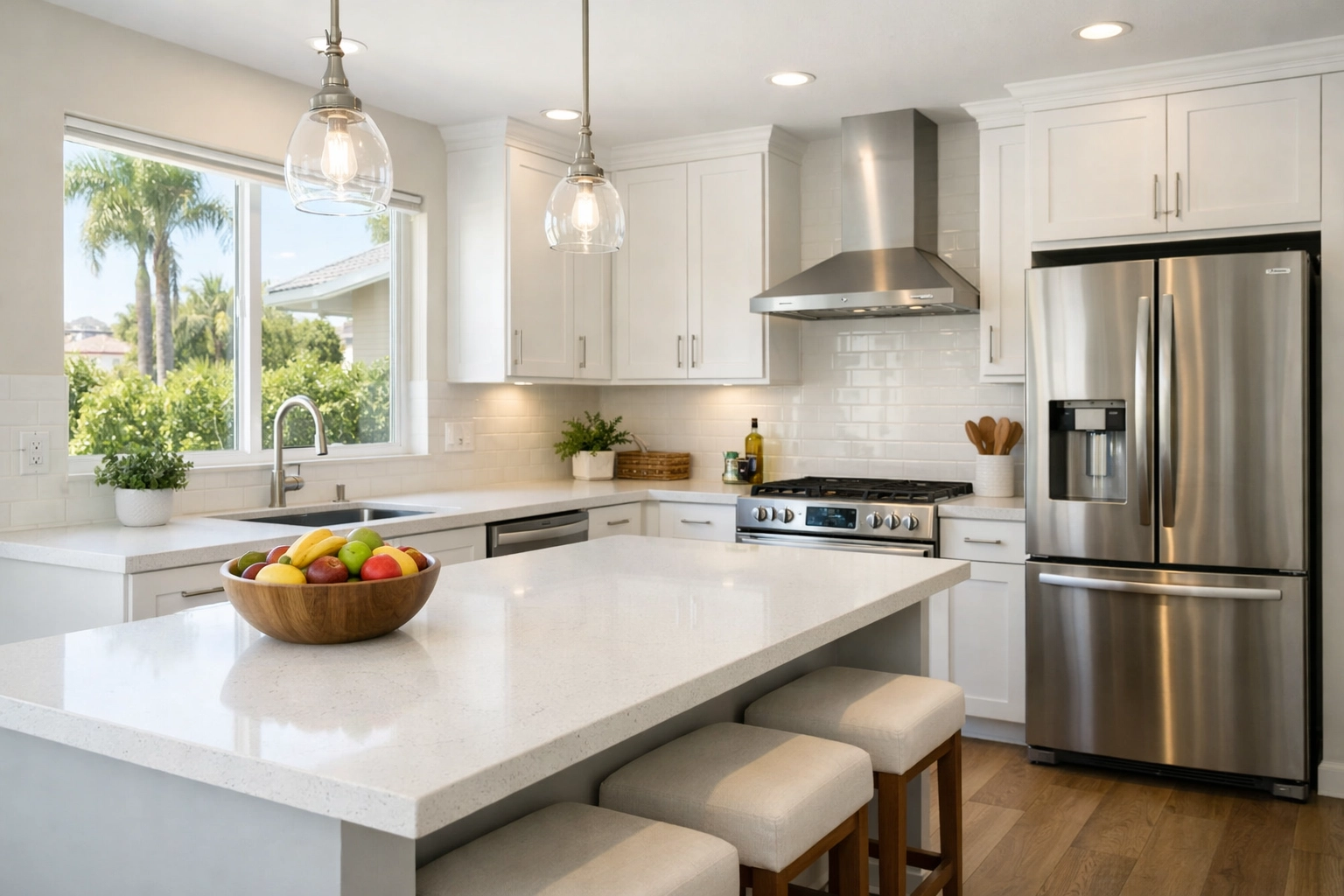 Staged South Bay Kitchen Bright, modern staged kitchen with light cabinetry, clean counters, stainless appliances, simple decor, and lots of natural light—fresh, airy, and ready for buyers.