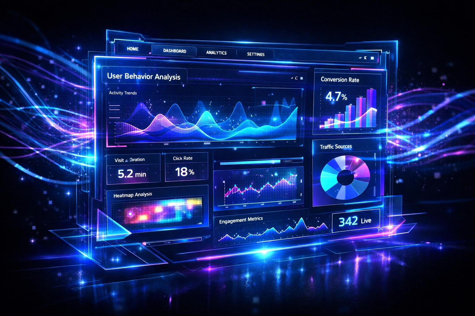 Self-optimizing website interface displaying real-time user behavior analytics and AI-driven performance data