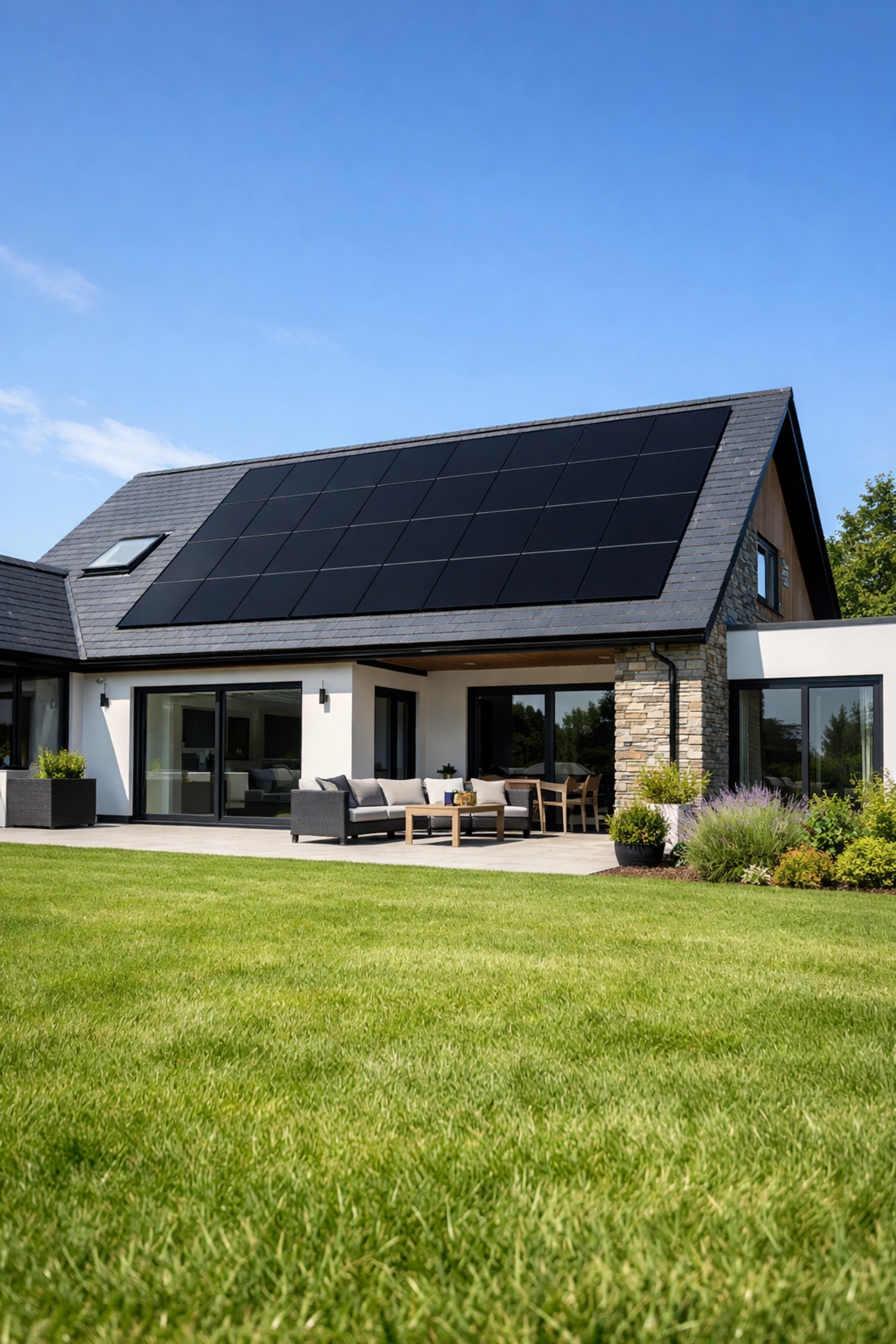 Modern Dorset home with all-black solar panels integrated into a slate roof for high ROI.