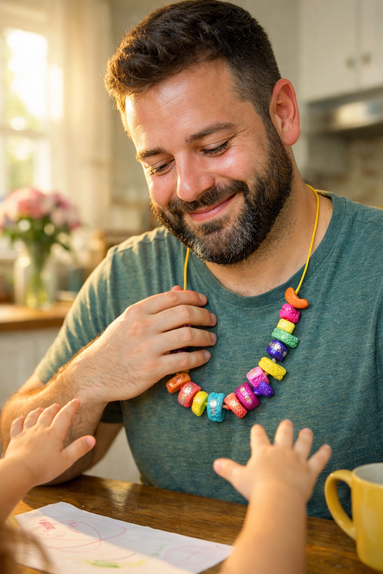 Single gay father smiling at a handmade macaroni necklace gift for Mother's Day.