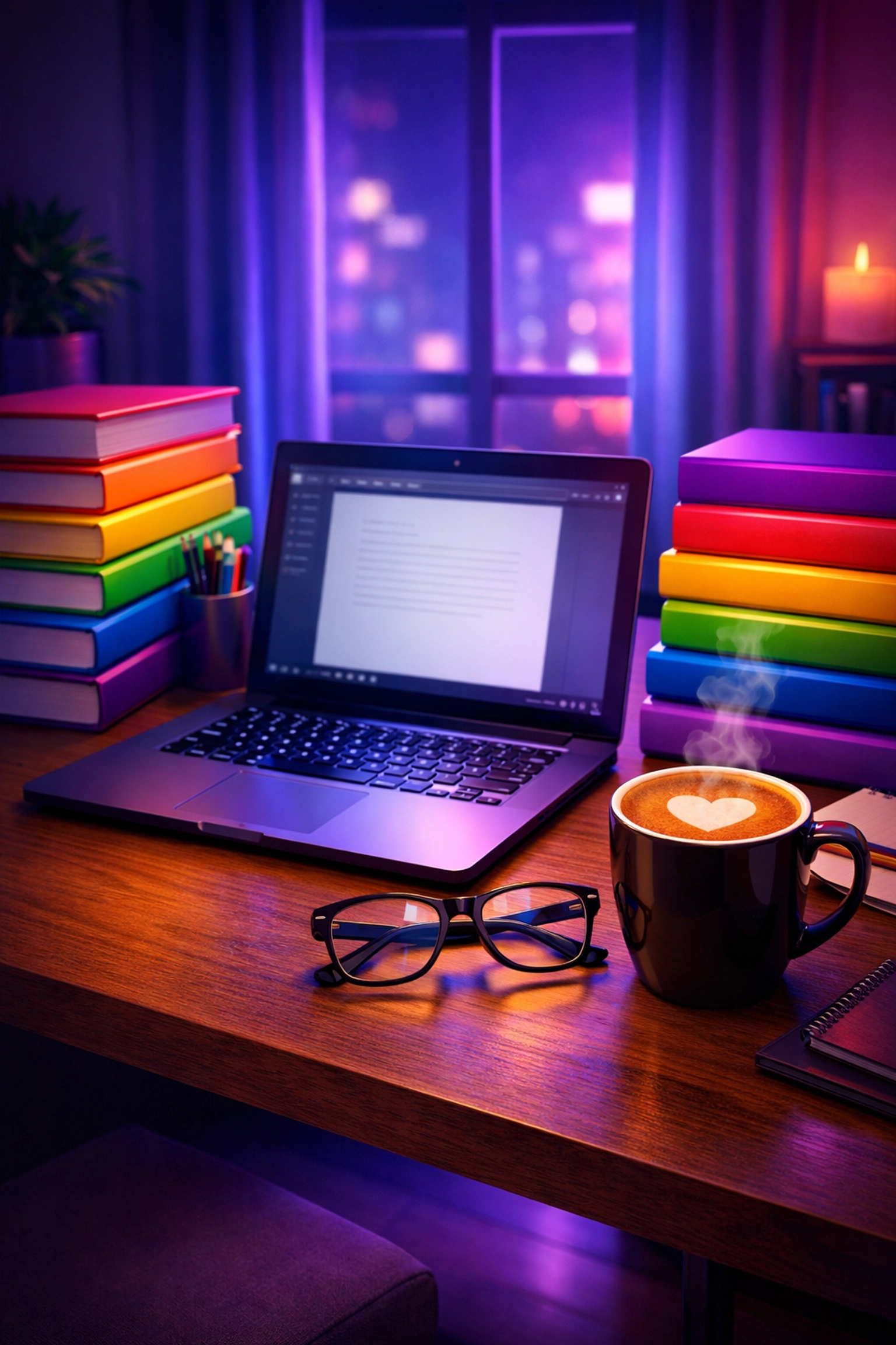 Modern LGBTQ+ author workspace with a laptop and a collection of queer fiction novels.