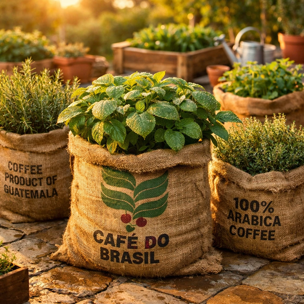 Burlap coffee sacks repurposed as garden grow bags for sustainable vegetable and herb planting.