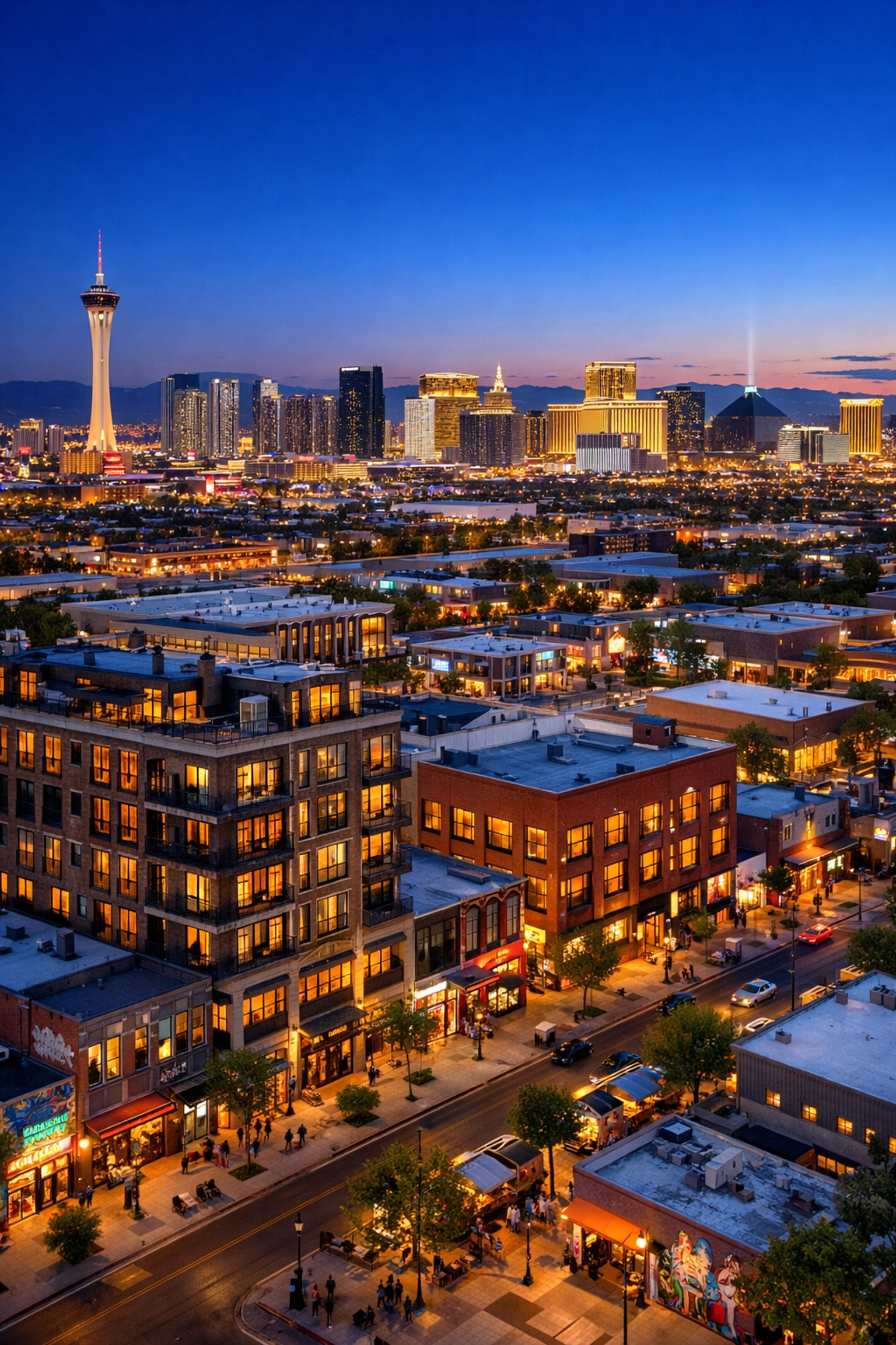Aerial view of Downtown Las Vegas residential lofts and Arts District neighborhood at dusk