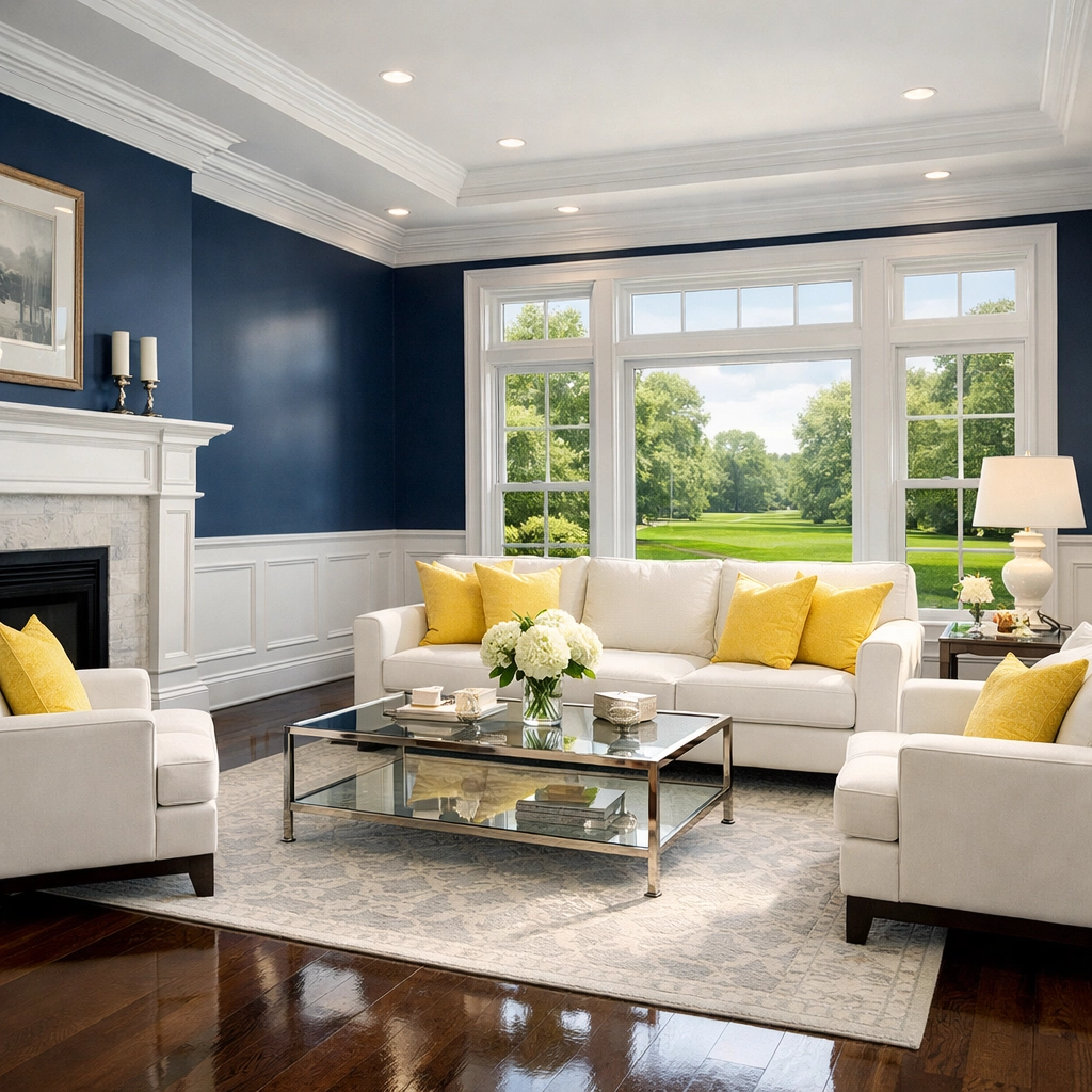Professionally cleaned luxury living room in Andover with polished hardwood floors and white furniture.