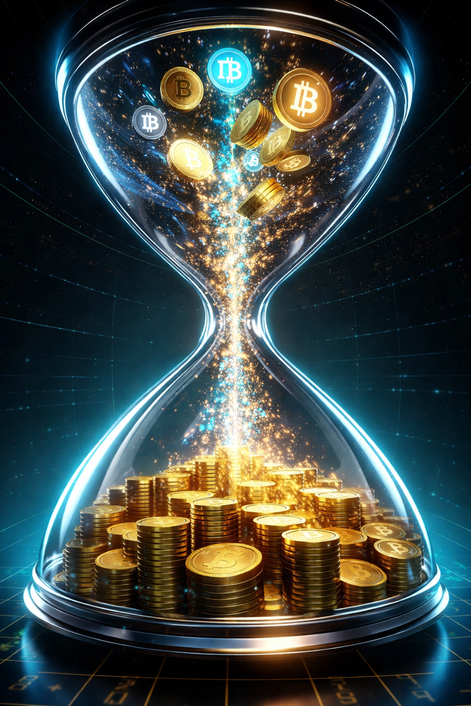 Digital coins representing cryptocurrencies quickly moving through an hourglass, illustrating instant crypto POS transaction speed with LUSD settlement.