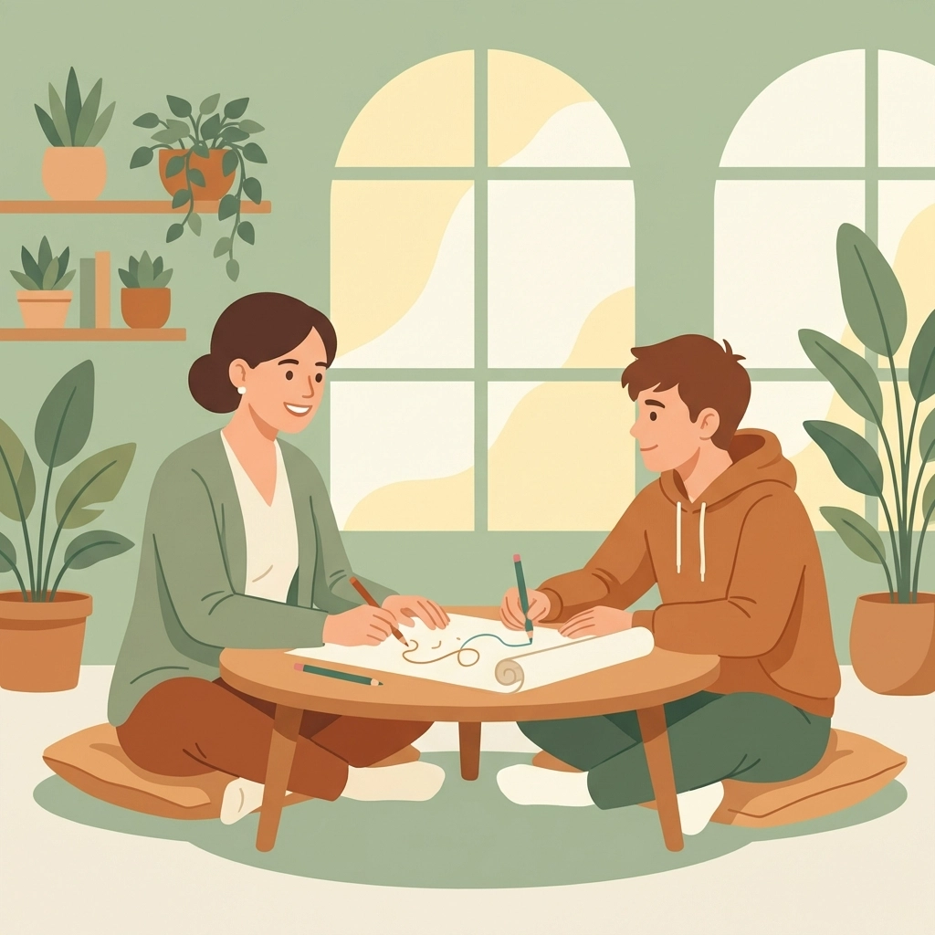 Therapist and young adult collaborating in a bright, welcoming setting, highlighting compassionate ABA support.