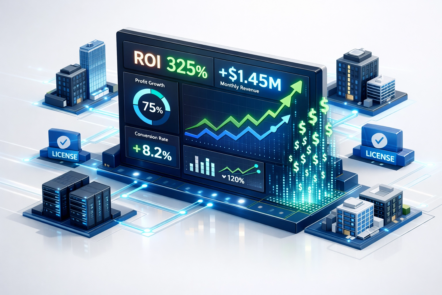 ServiceNow ITOM ROI dashboard showing cost savings metrics and license optimization data streams