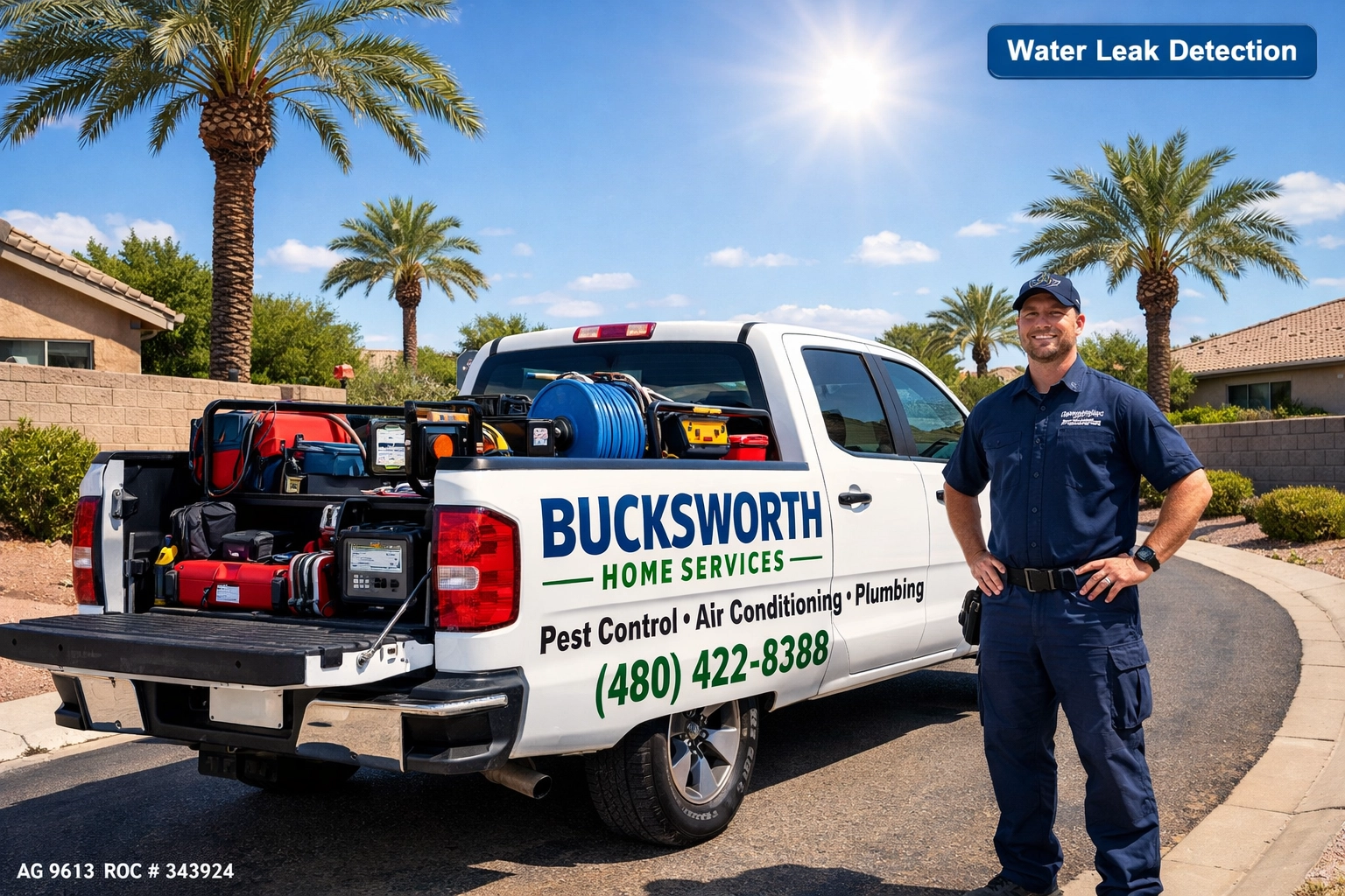Bucksworth Home Services service truck parked in a Maricopa AZ neighborhood for plumbing repairs.