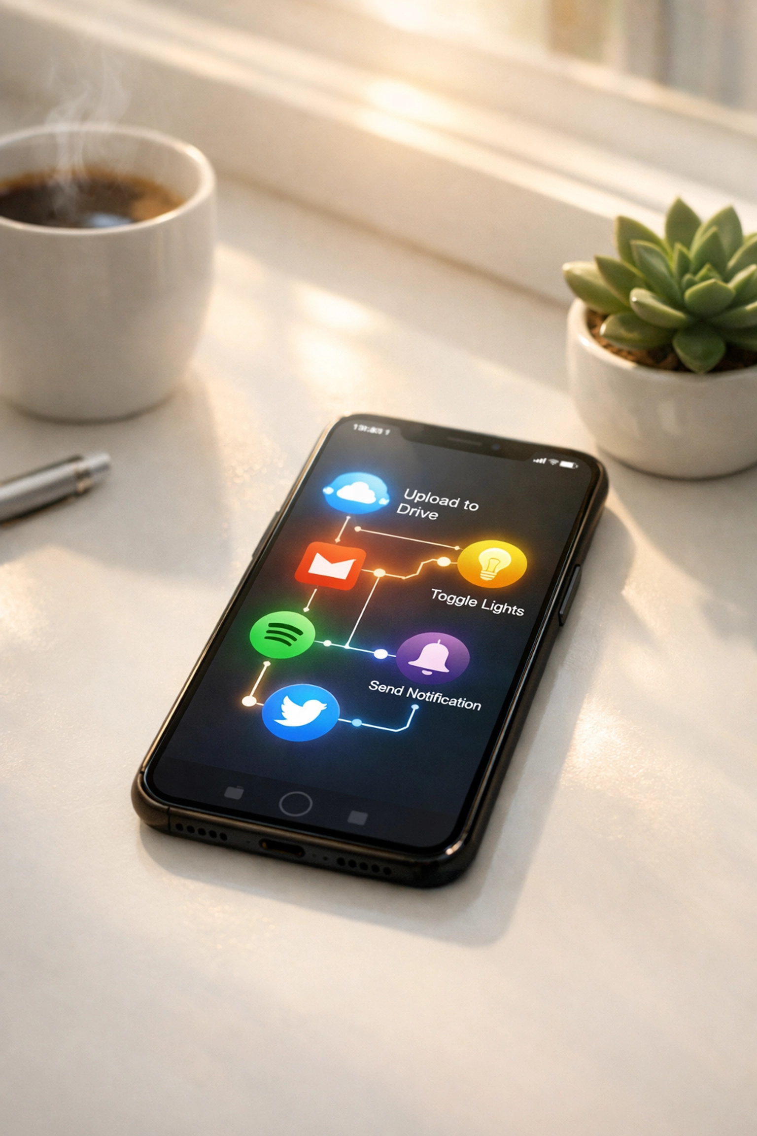 Smartphone displaying IFTTT automation app interface with morning coffee on desk