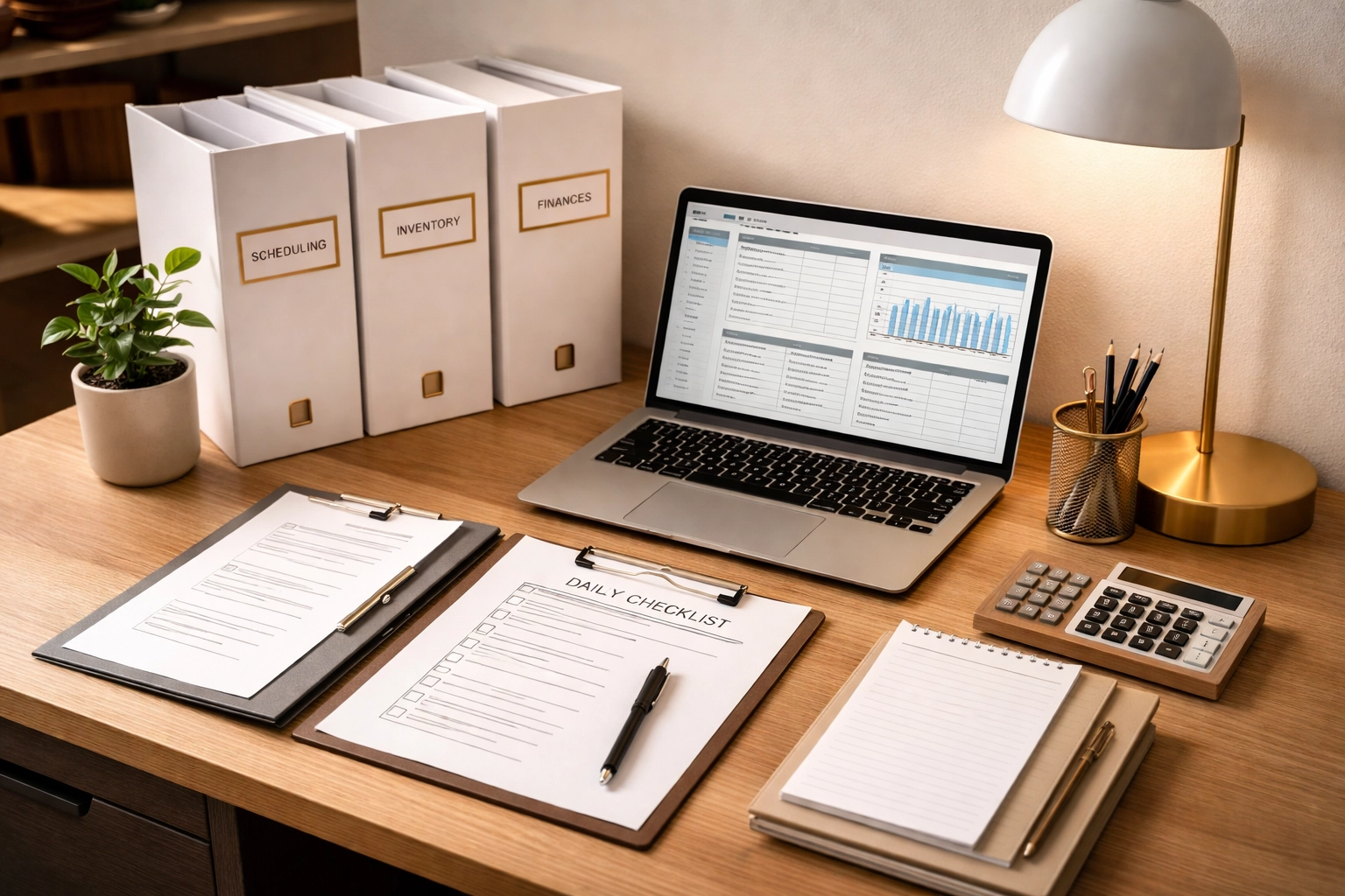 Organized restaurant manager's desk with binders and checklists illustrates systems for multi-unit management.
