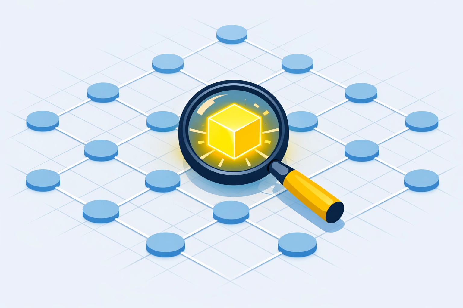 A magnifying glass identifying a network threat using AI-powered intrusion detection and managed security tools.