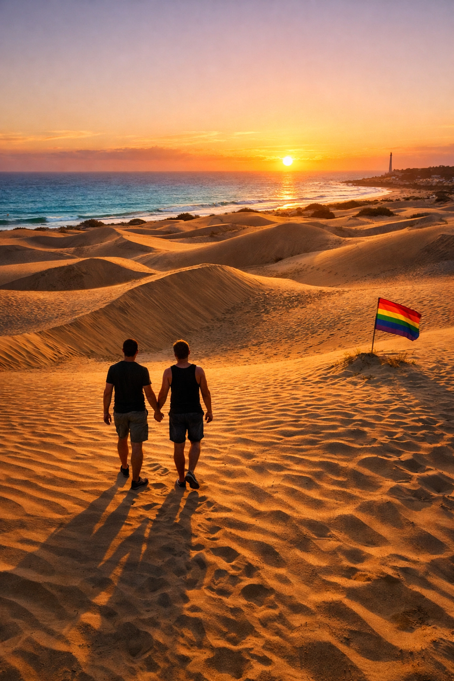 Gay couple walking hand-in-hand through Maspalomas sand dunes at sunset