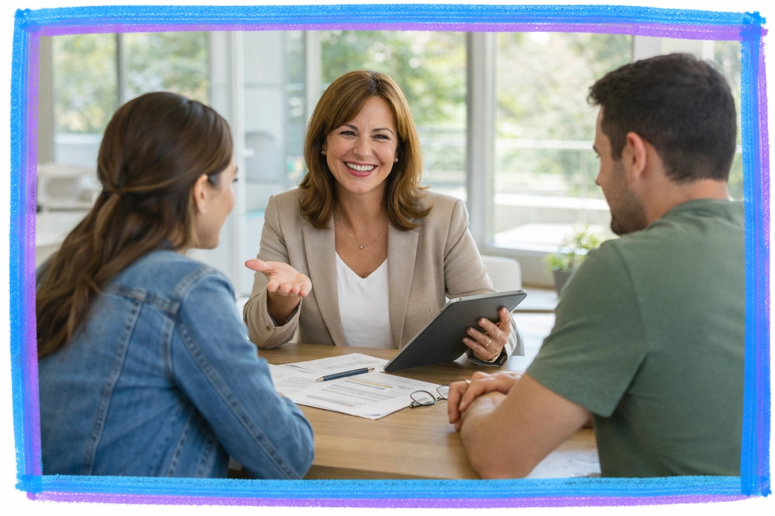 Realtor meeting with clients at a table reviewing home options