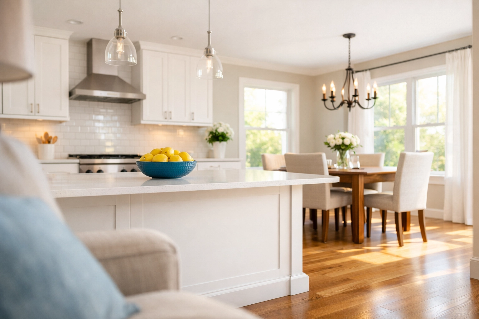 Spotless modern kitchen and dining area in a suburban home reflecting the best bi-weekly cleaning Waltham results.