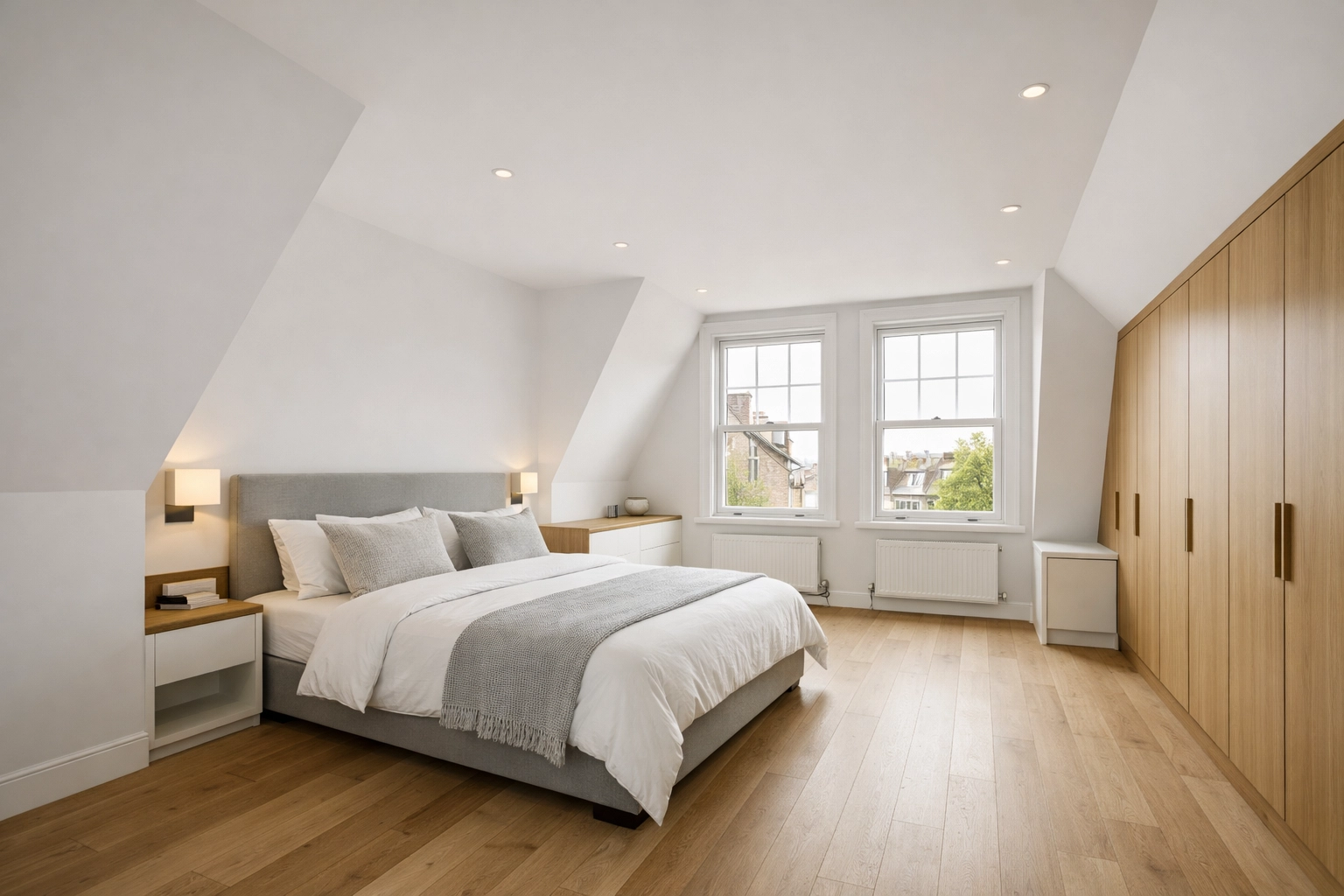 Spacious master bedroom interior of a Mansard loft conversion in an East London period property.