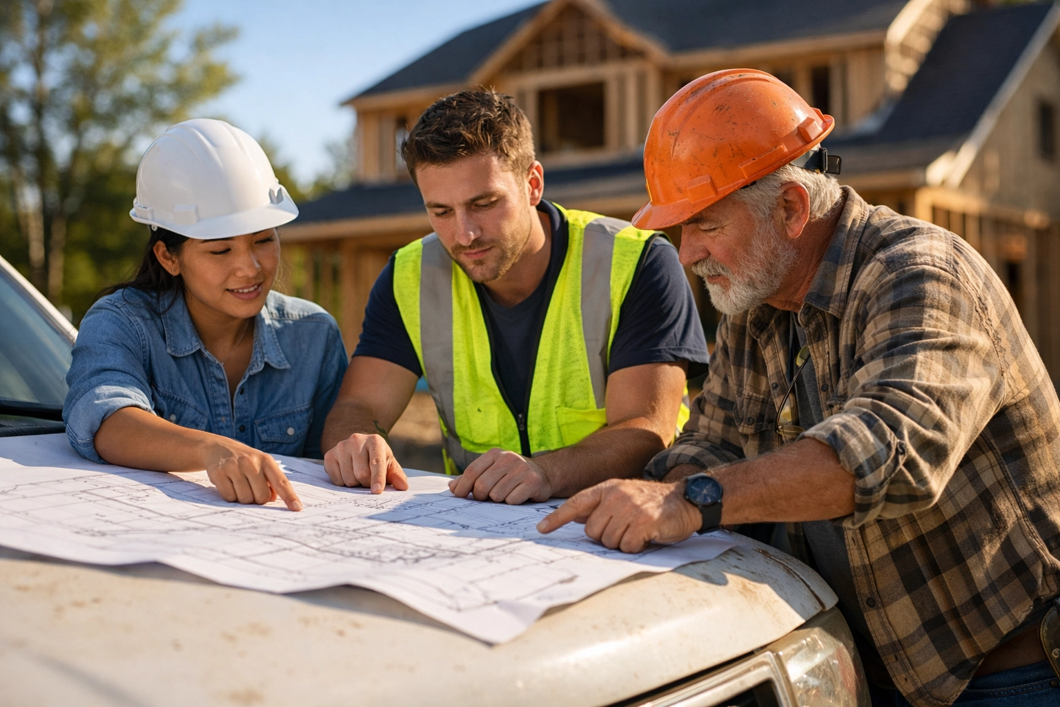 Construction crew in CT reviewing blueprints on a job site to determine worker classification.