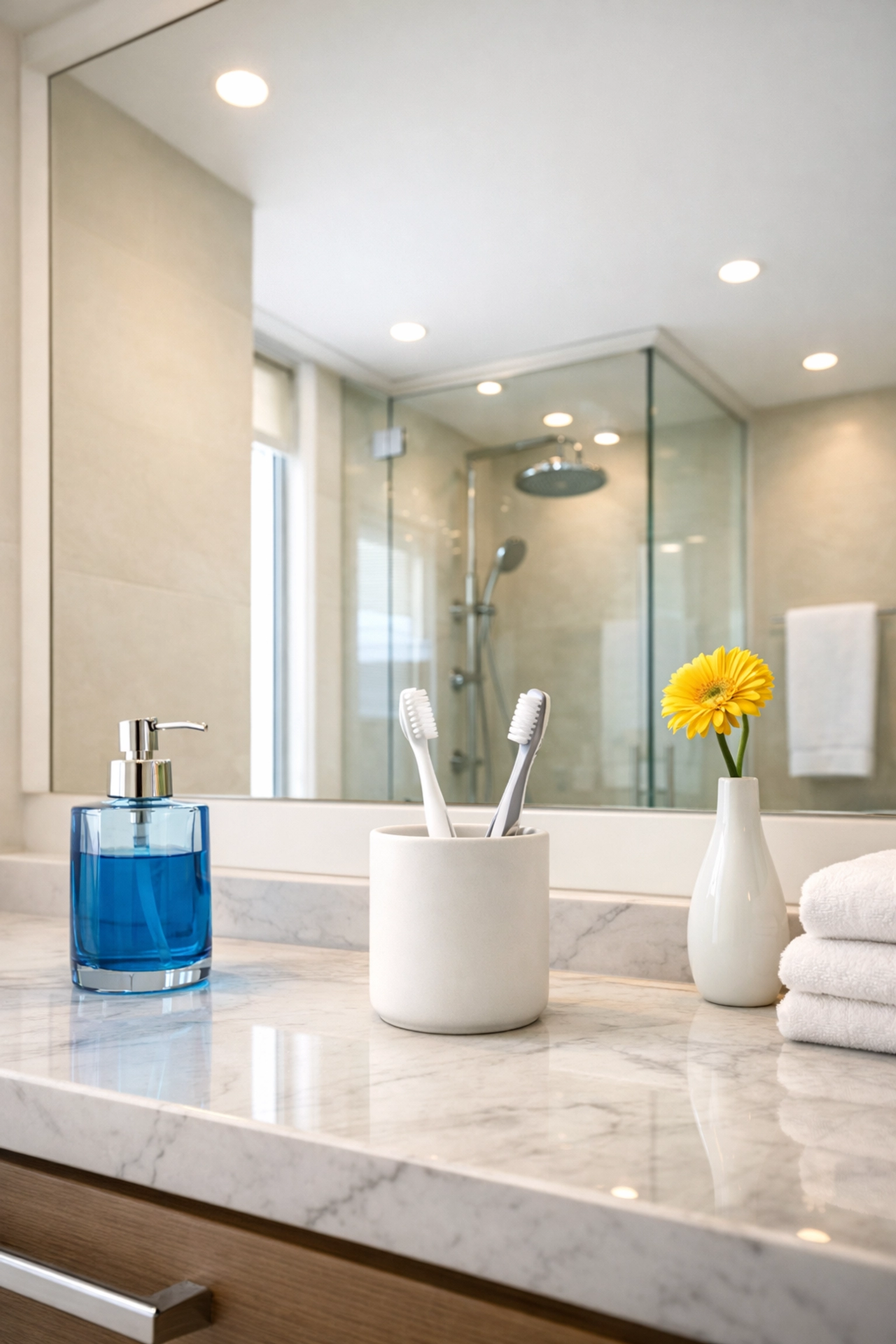 Organized luxury bathroom vanity with a clean toothbrush holder during a bi weekly house cleaning.
