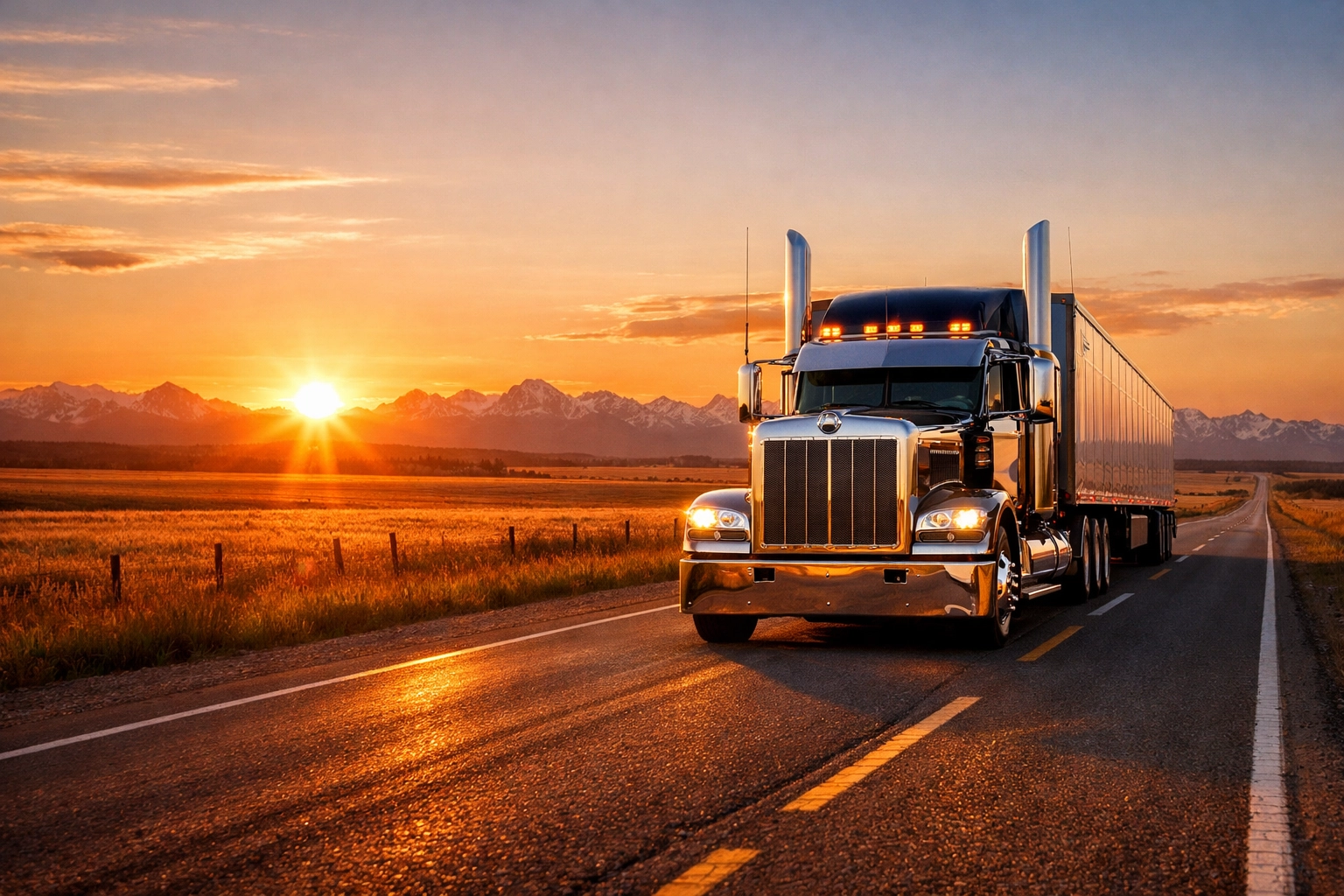 Commercial truck cruising through Alberta after passing CVIP inspections and heavy duty truck repair.