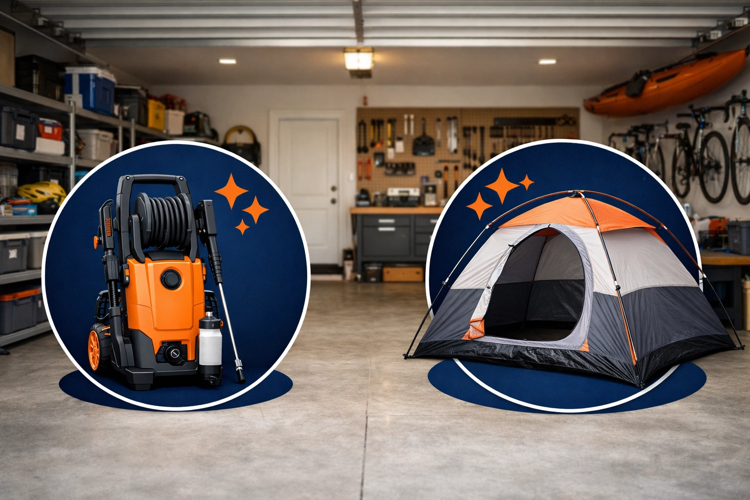 Organizing a garage in Woburn with a pressure washer and tent ready to rent for extra income.