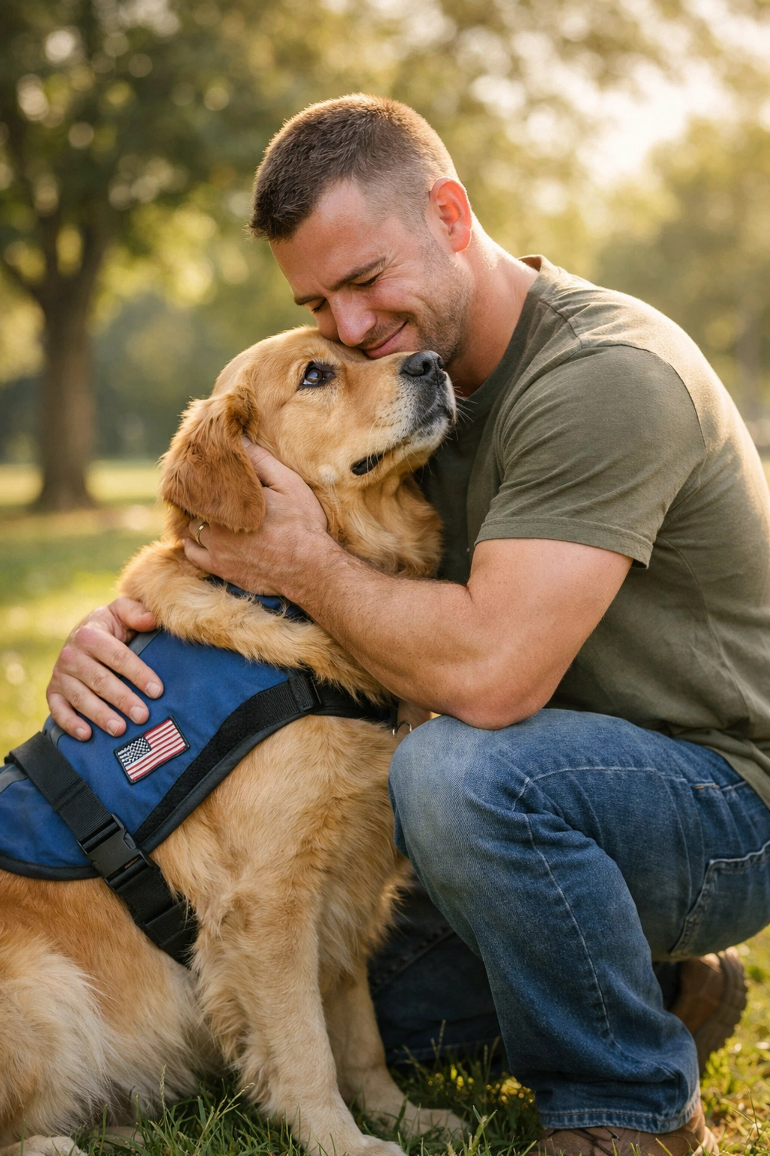 LGBTQ+ veteran embracing golden retriever service dog in park showing emotional PTSD support