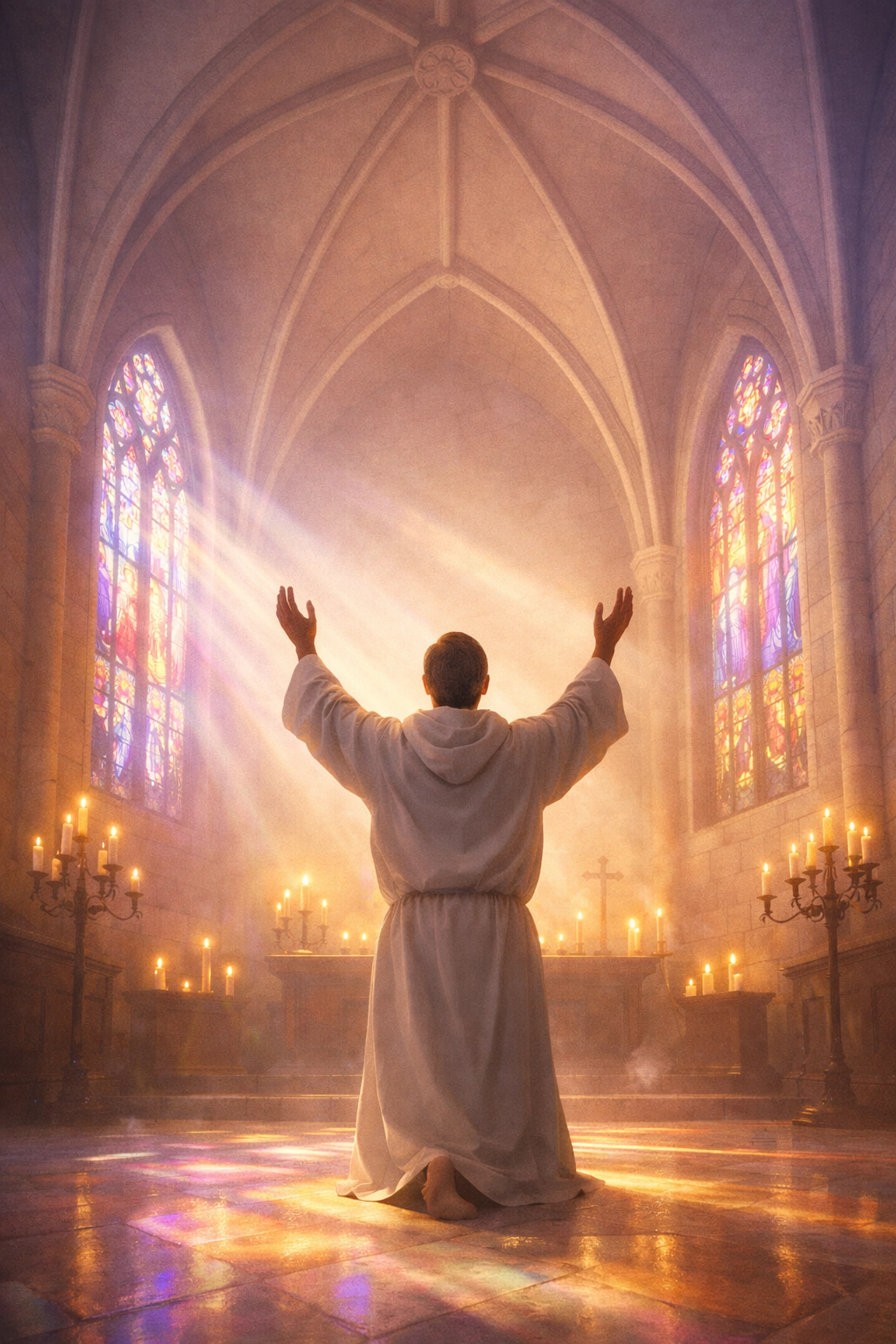 Person worshiping in candlelit chapel with raised hands, prayer as sacred play