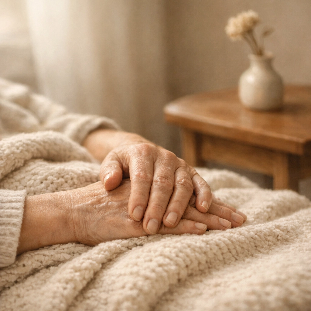 Hands resting on a soft blanket representing comfortable home care with a PICC line for chemo.