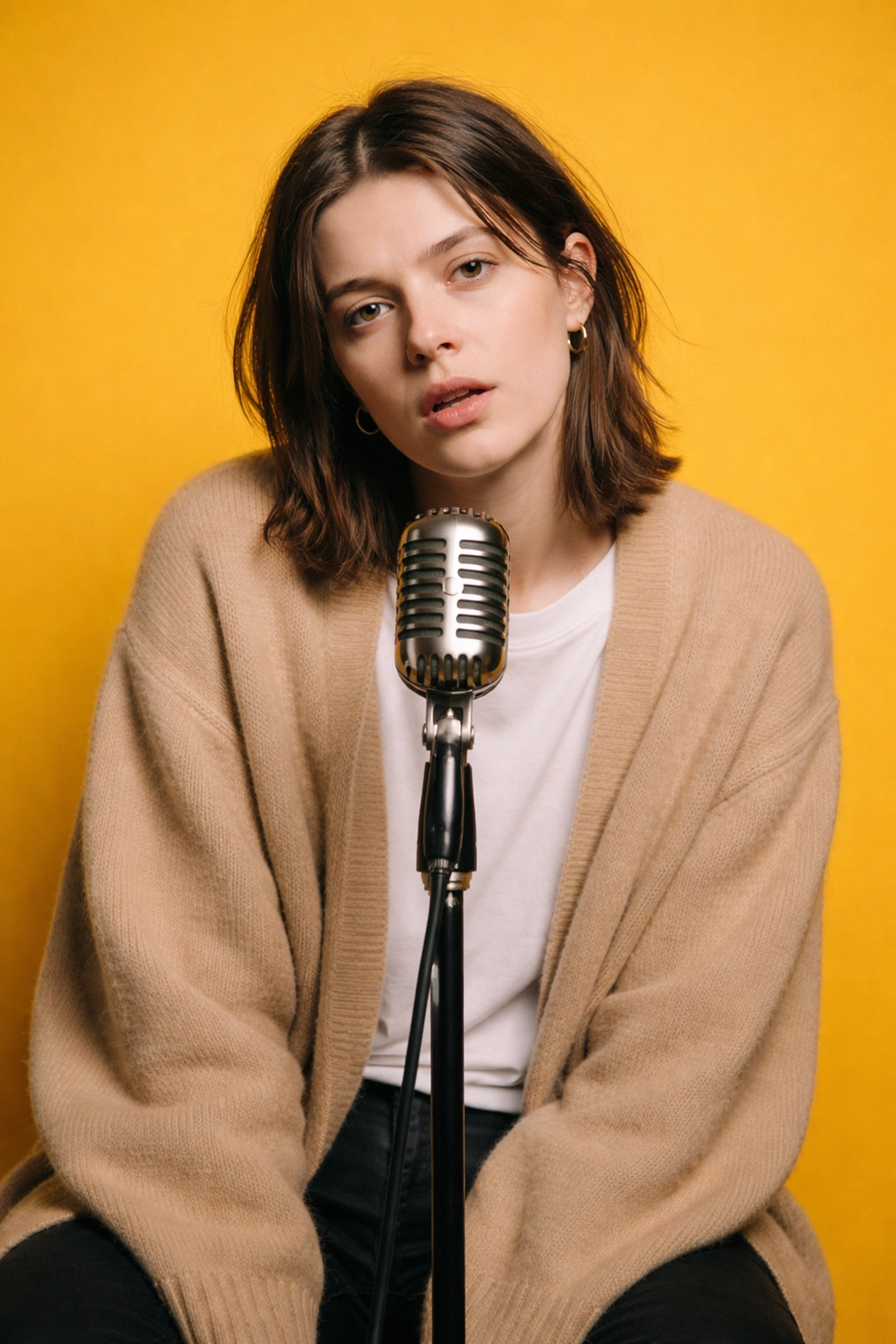 Bored podcast host in a cardigan highlights the pitfalls of safe corporate podcast content.