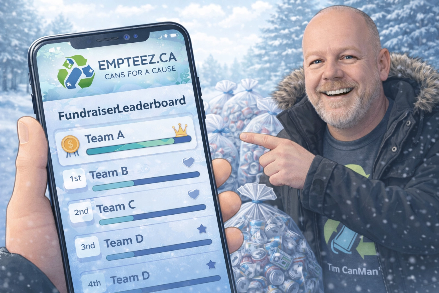 Fundraiser leaderboard on a phone showing teams competing (Empteez.ca)