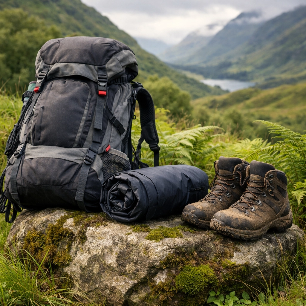 Essential hiking gear including a backpack, waterproof shell, and boots in the Scottish Highlands.