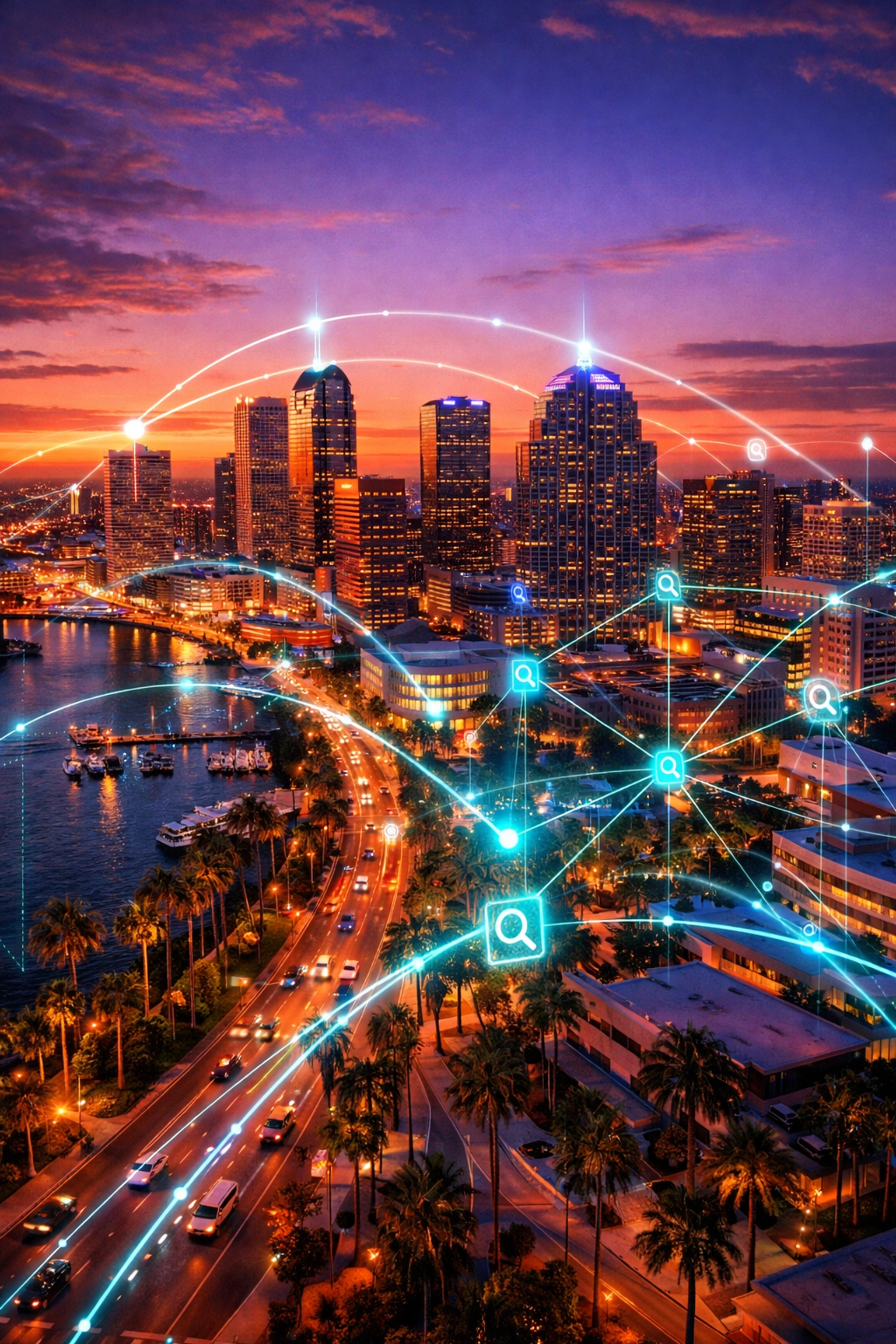 Aerial view of Tampa city skyline with digital data streams representing local AI search networks in Florida.