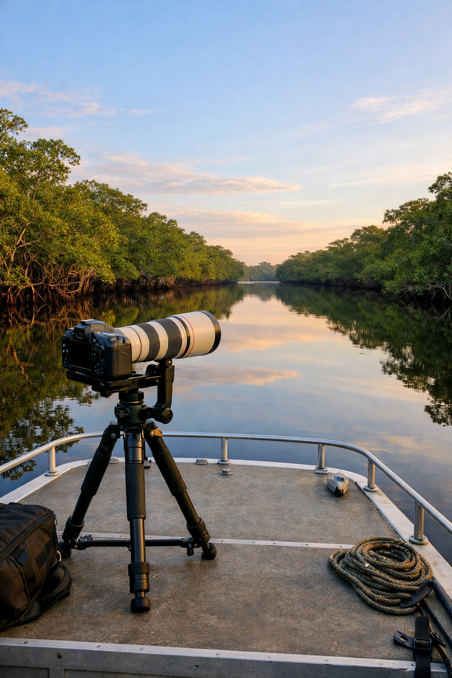 A DSLR on a tripod inside a professional photography boat, ensuring stable shots during an Everglades tour.