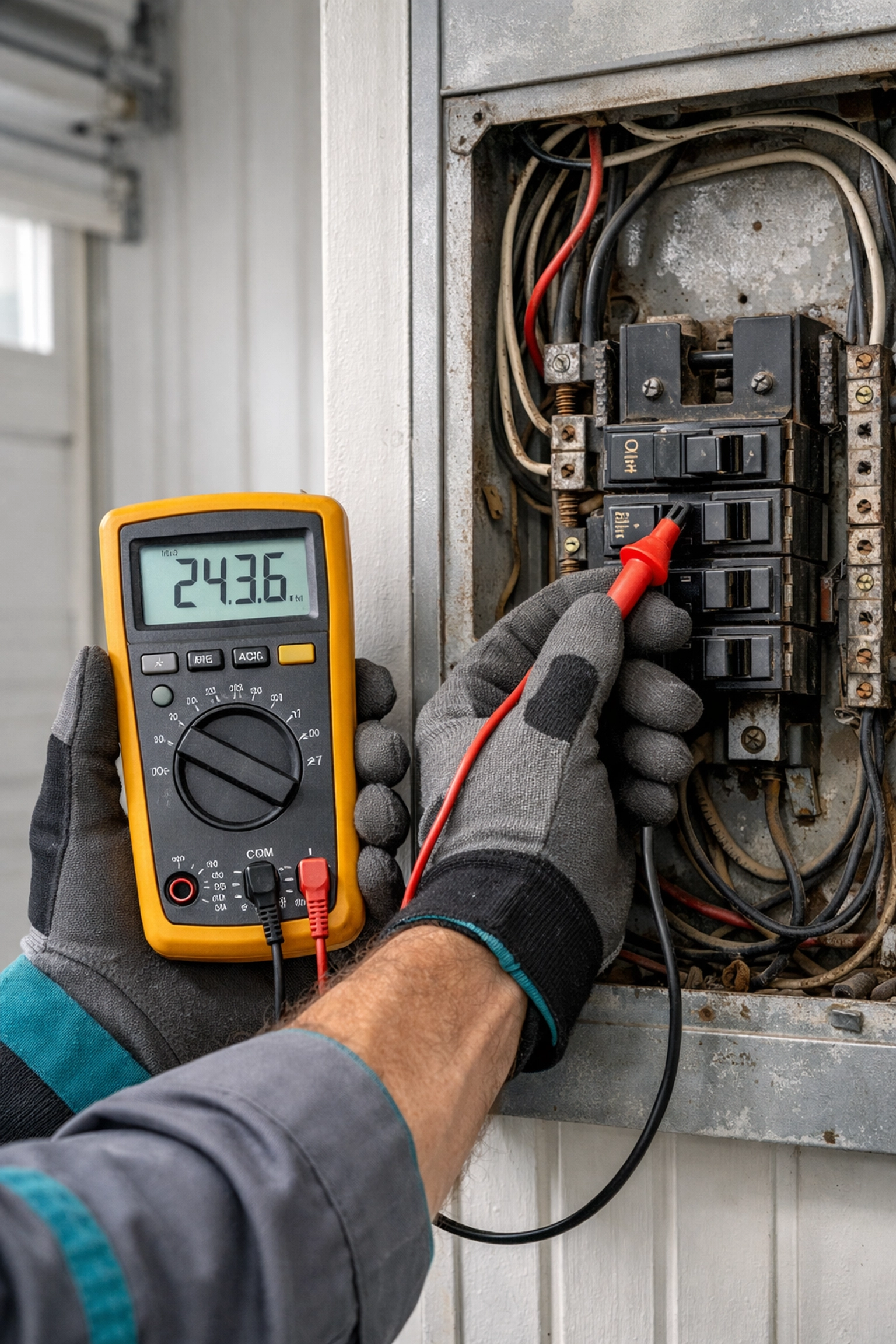 Technician inspecting an old hazardous electrical panel in a Florida home to prepare for a safety upgrade.